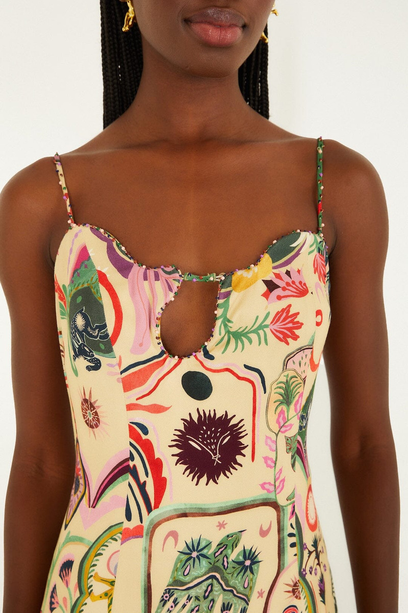 FARM RIO Beige Artsy Surreal Land Beaded Sleeveless Midi Dress outlook