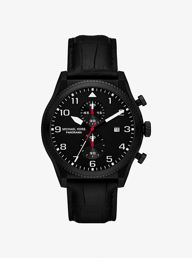 Oversized Panorama Black-Tone and Crocodile Embossed Leather Watch 1