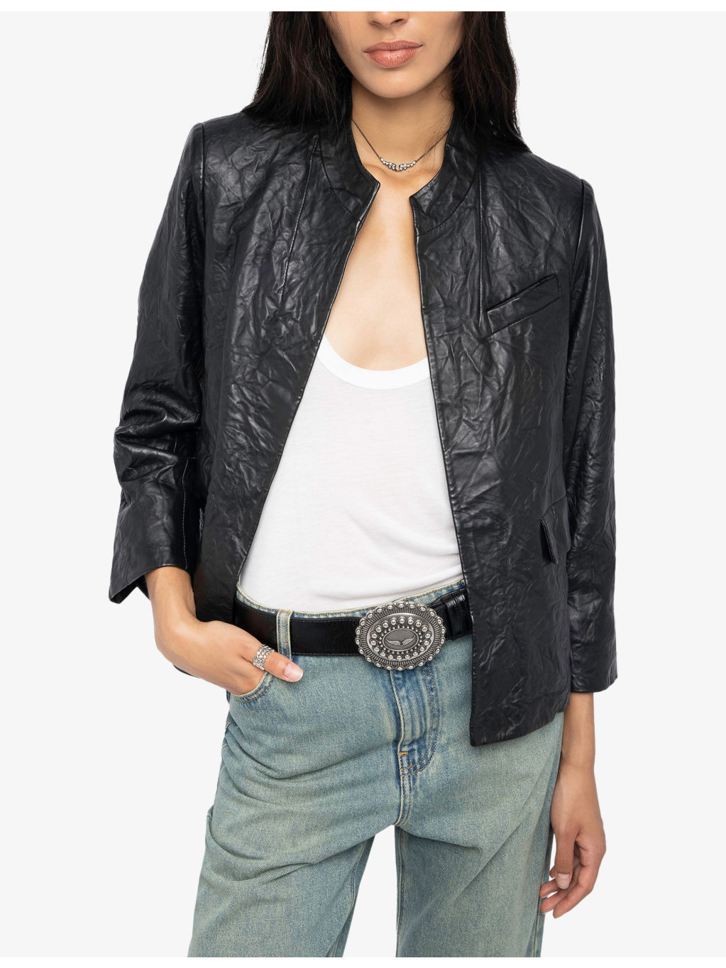 Veryn Collarless Slim-Fit Crinkled-Leather Jacket - 3