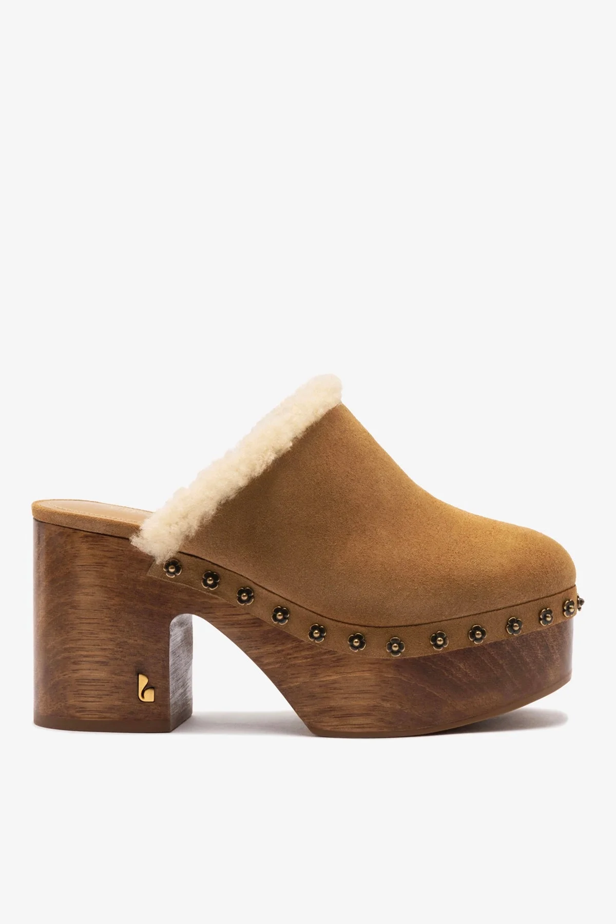 Miso Wooden Platform Clog In Peanut Suede And Natural Shearling - 1