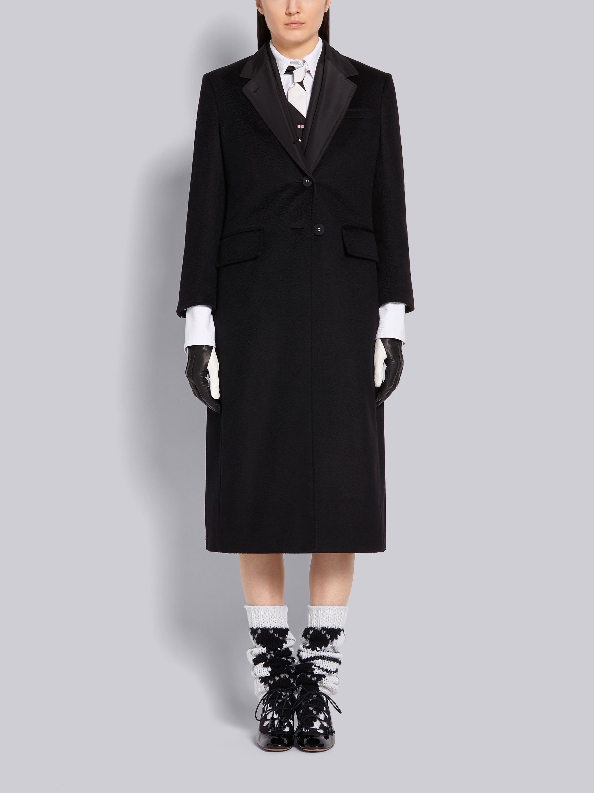 Black Cashmere Zibeline Wide Lapel Overcoat - 1