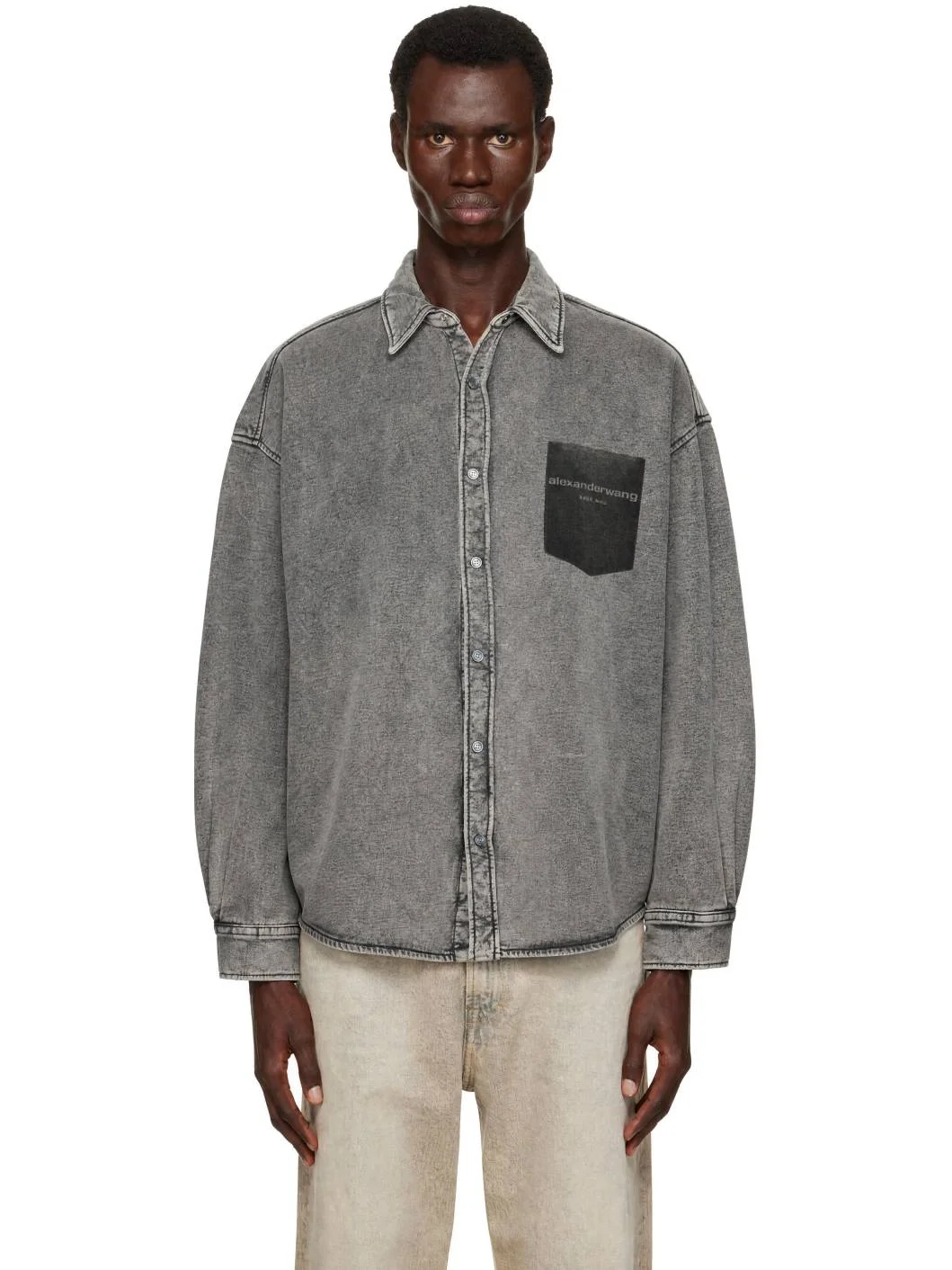 Gray Button Down Shadow Pocket Graphic Shirt - 1