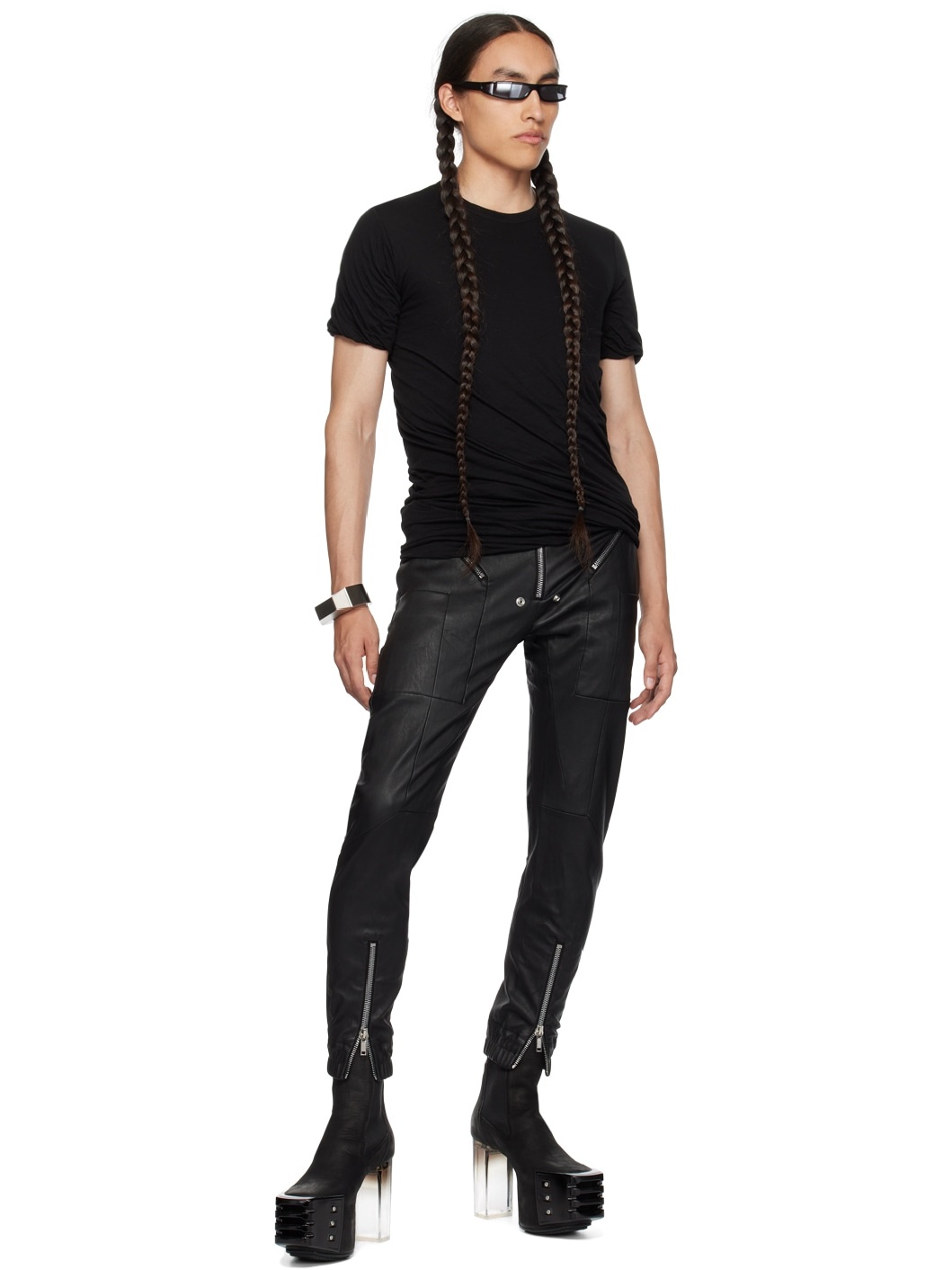 Black Easy Strobe Leather Pants - 4