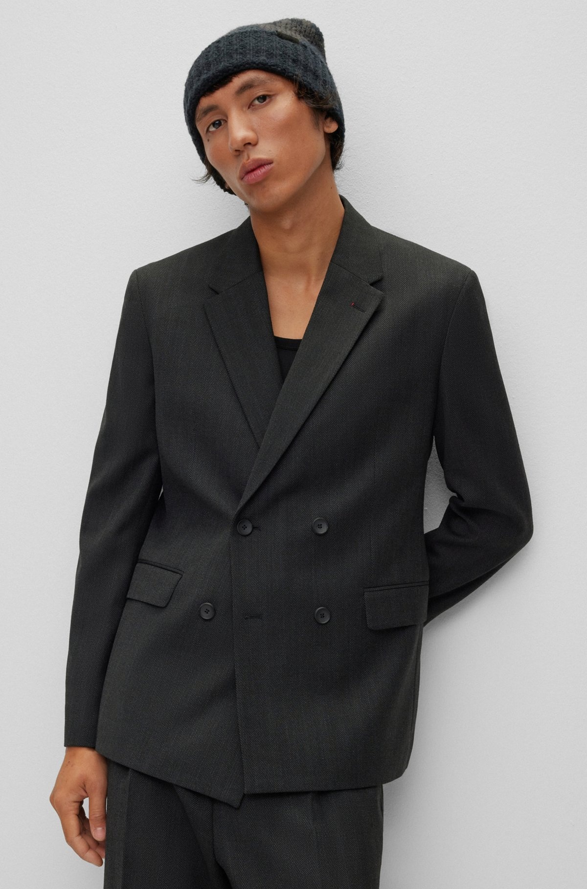 DOUBLE-BREASTED SLIM-FIT SUIT IN HERRINGBONE FABRIC - 2