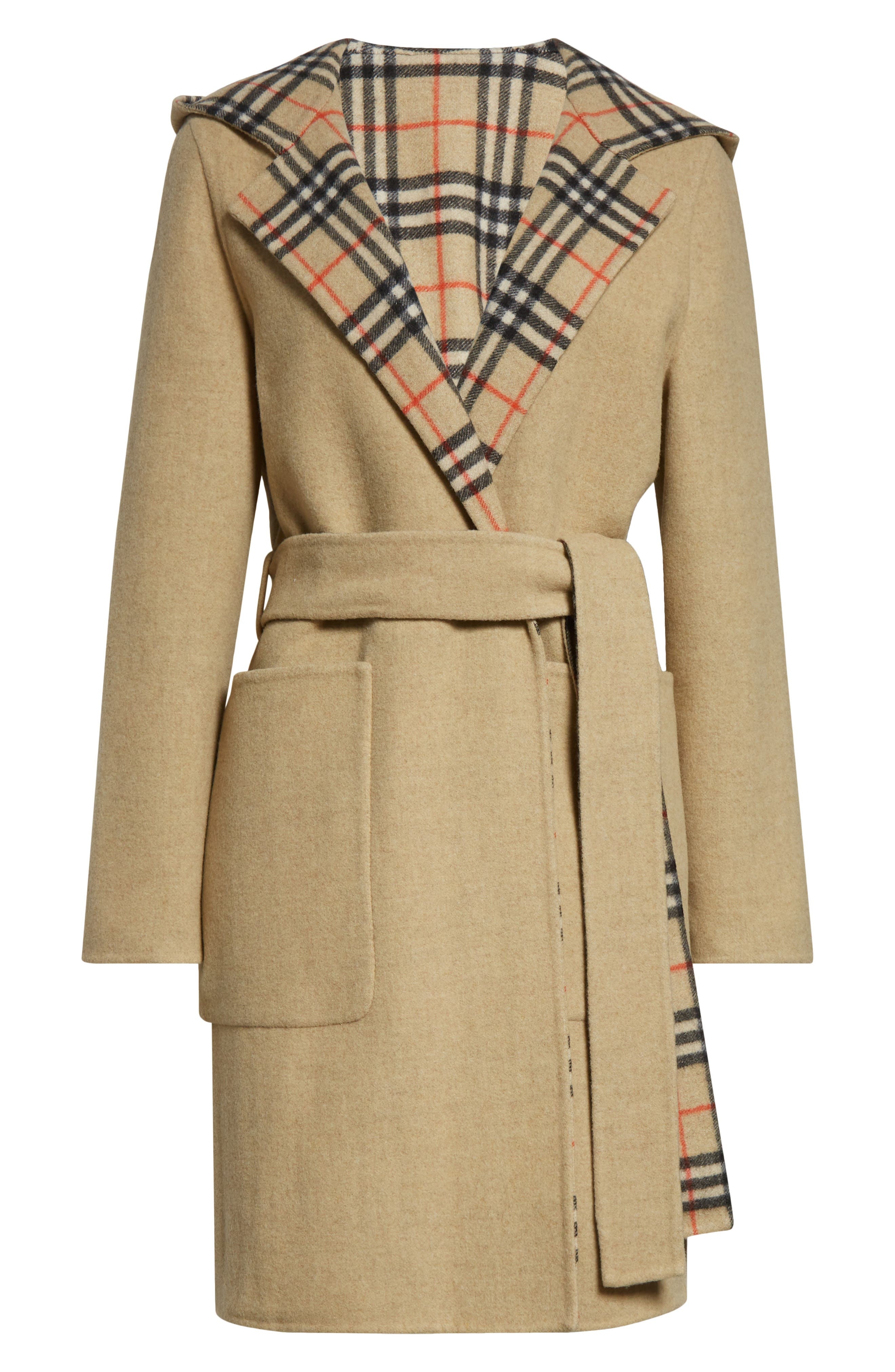burberry Hampshire Wool Reversible Hooded Coat in Sand Ip Check at Nordstrom - 8