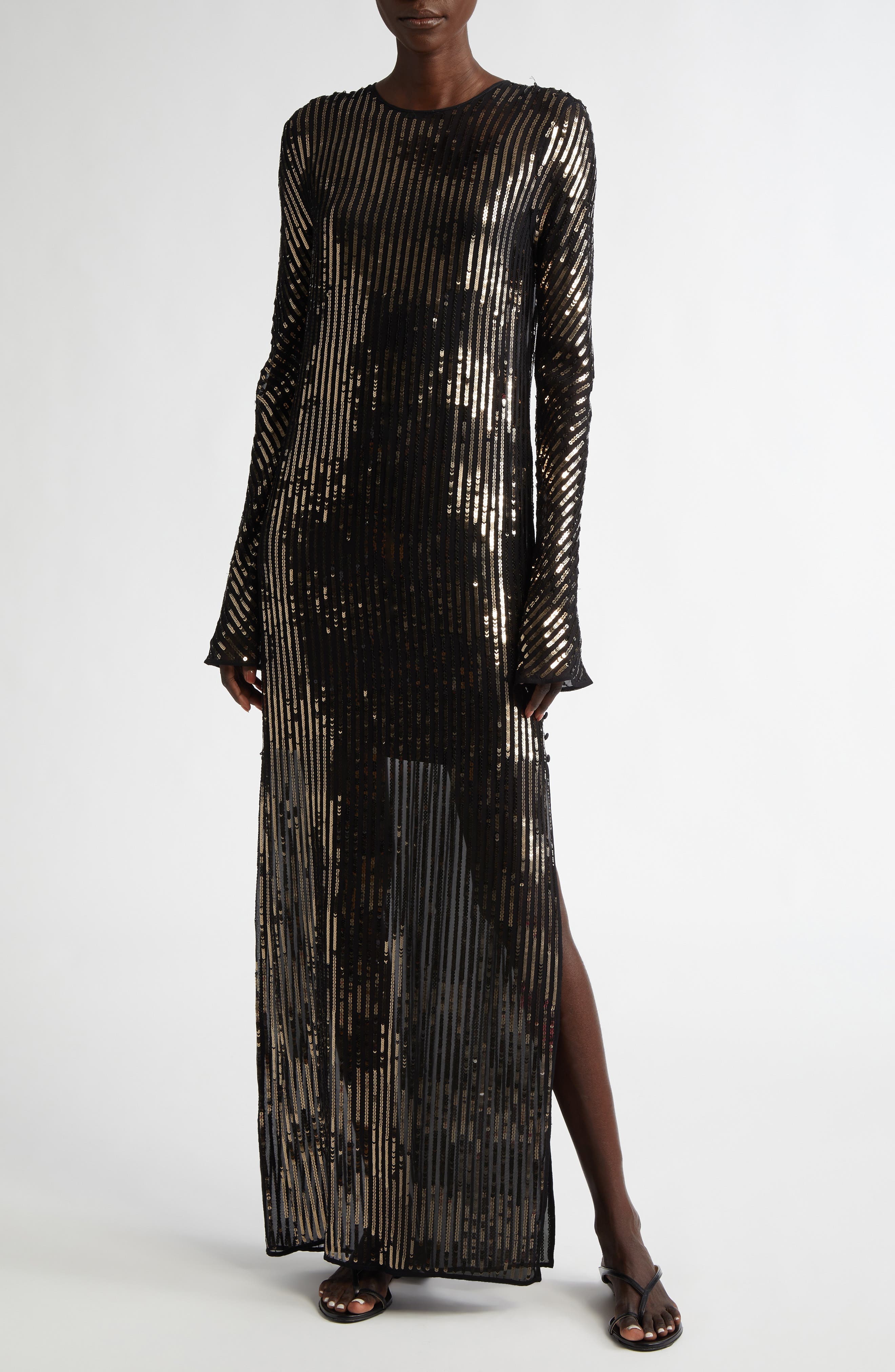 Johanna Ortiz Actitud Nautica Sequin Long Sleeve Tunic Dress in Black/Dark Gold at Nordstrom - 1