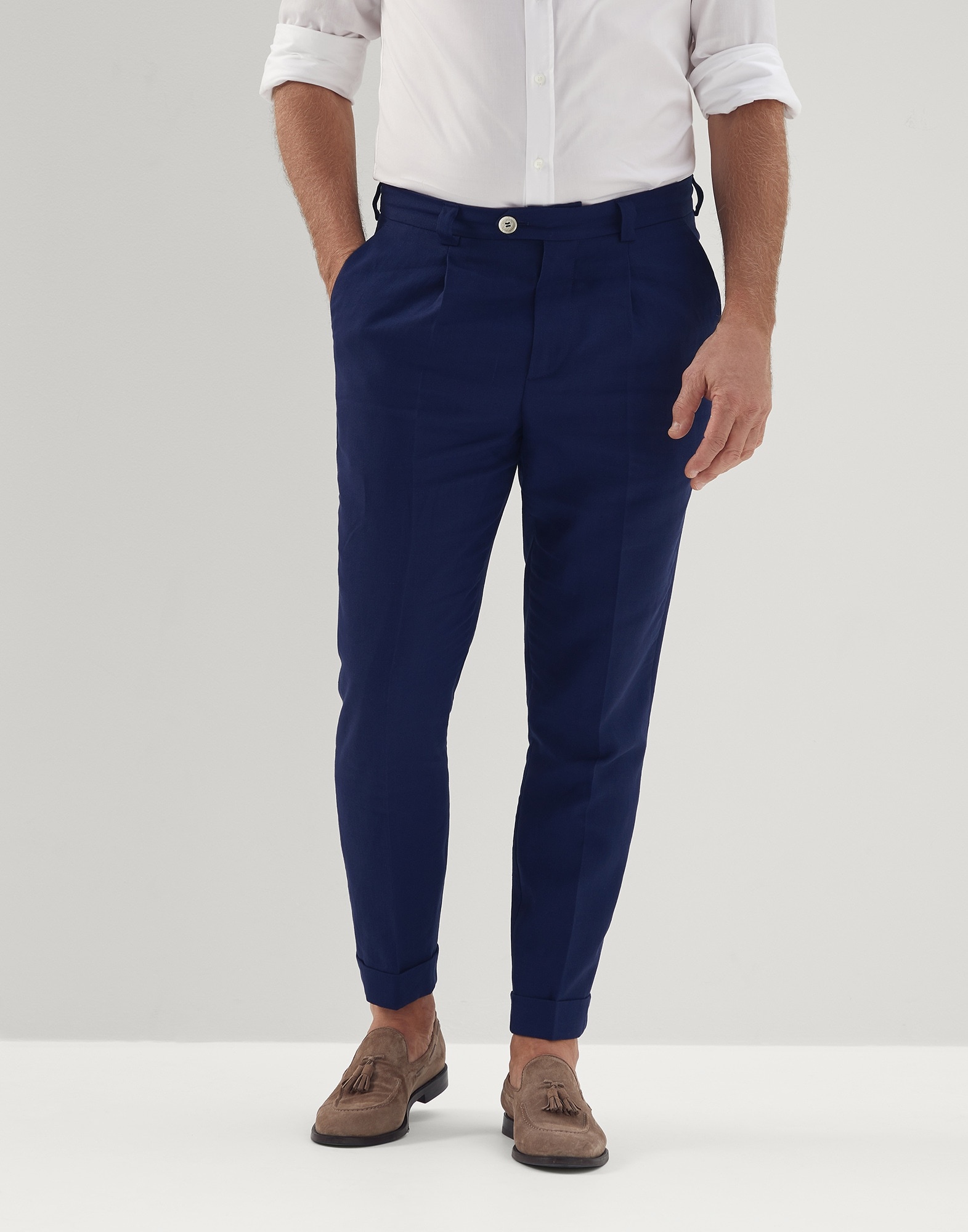 Linen and wool fresco leisure fit trousers with pleat - 1