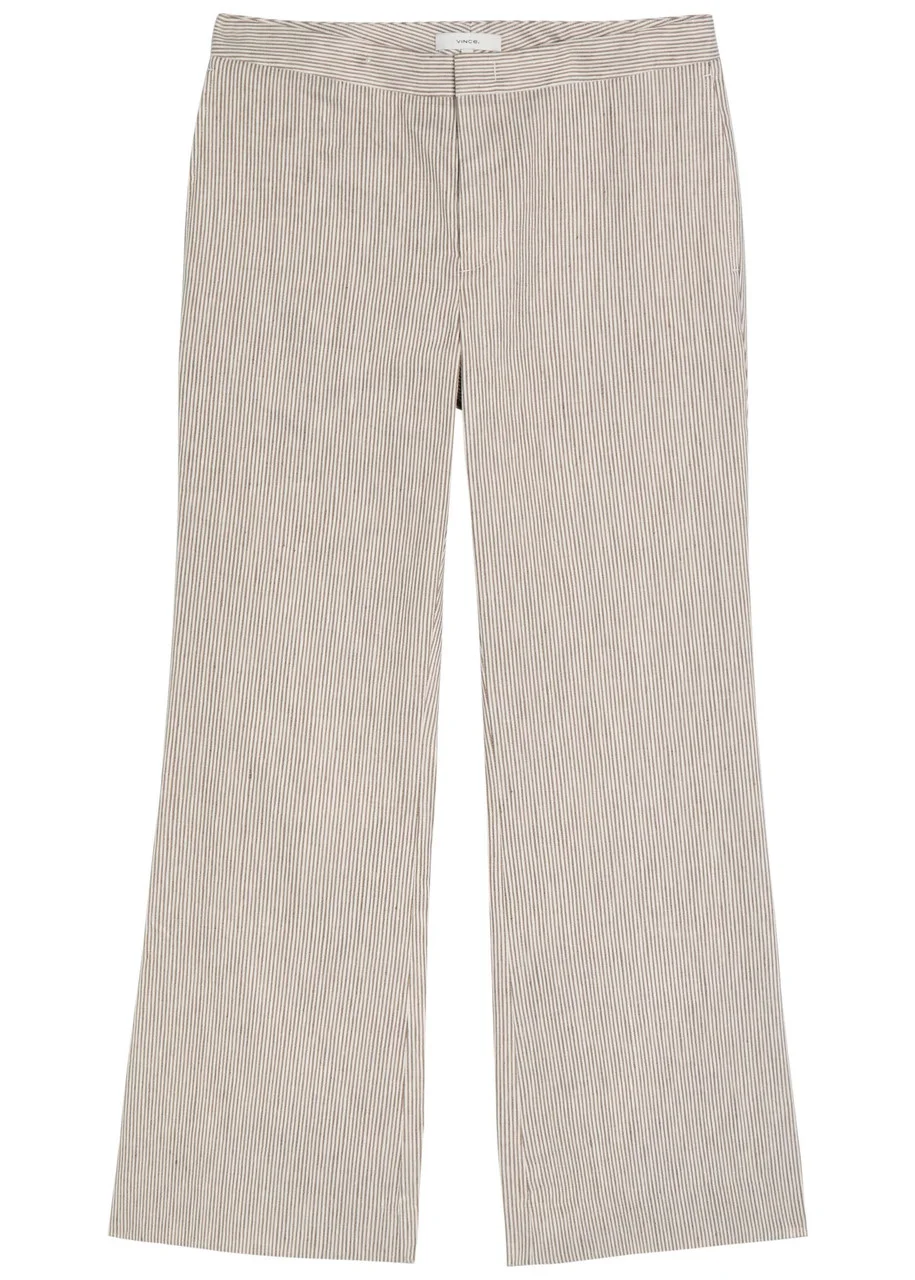 Vince Ticking Striped Flared-leg Linen and Cotton-blend Trousers - 1