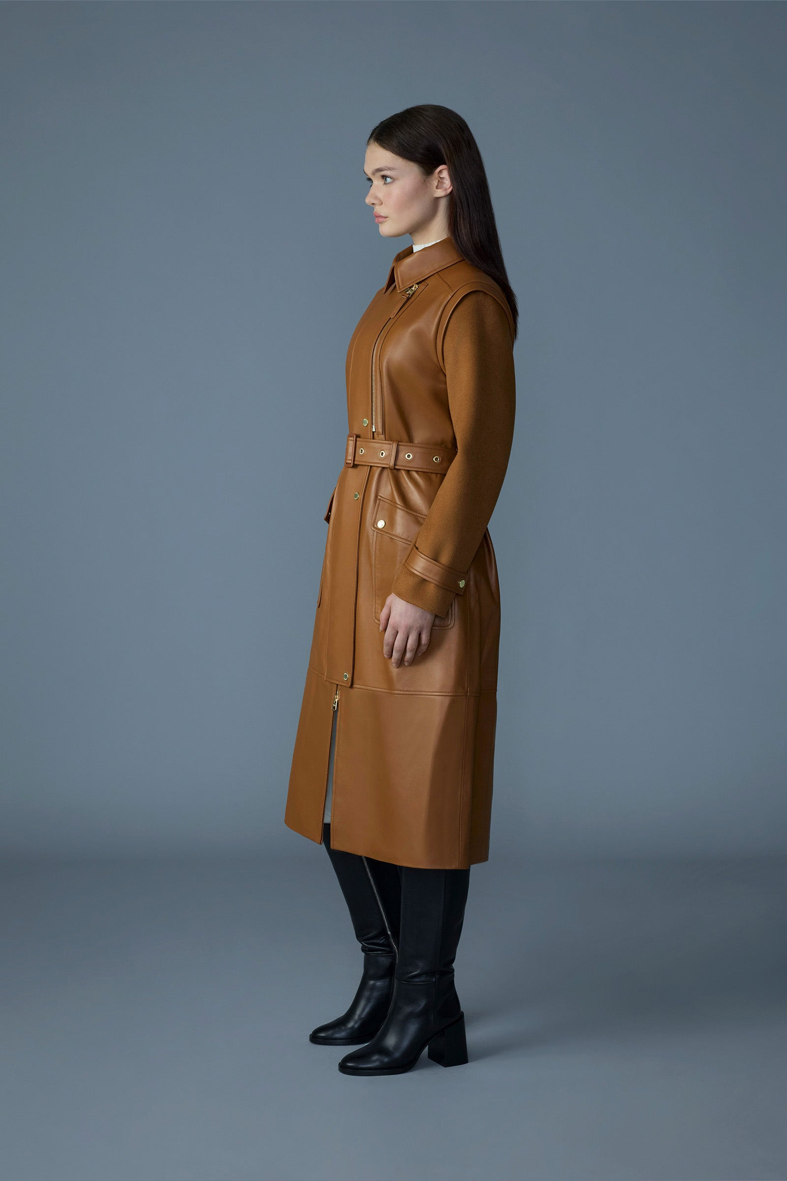 EVELINA 2-in-1 long Lamb Leather Coat with Removable Sleeves - 4