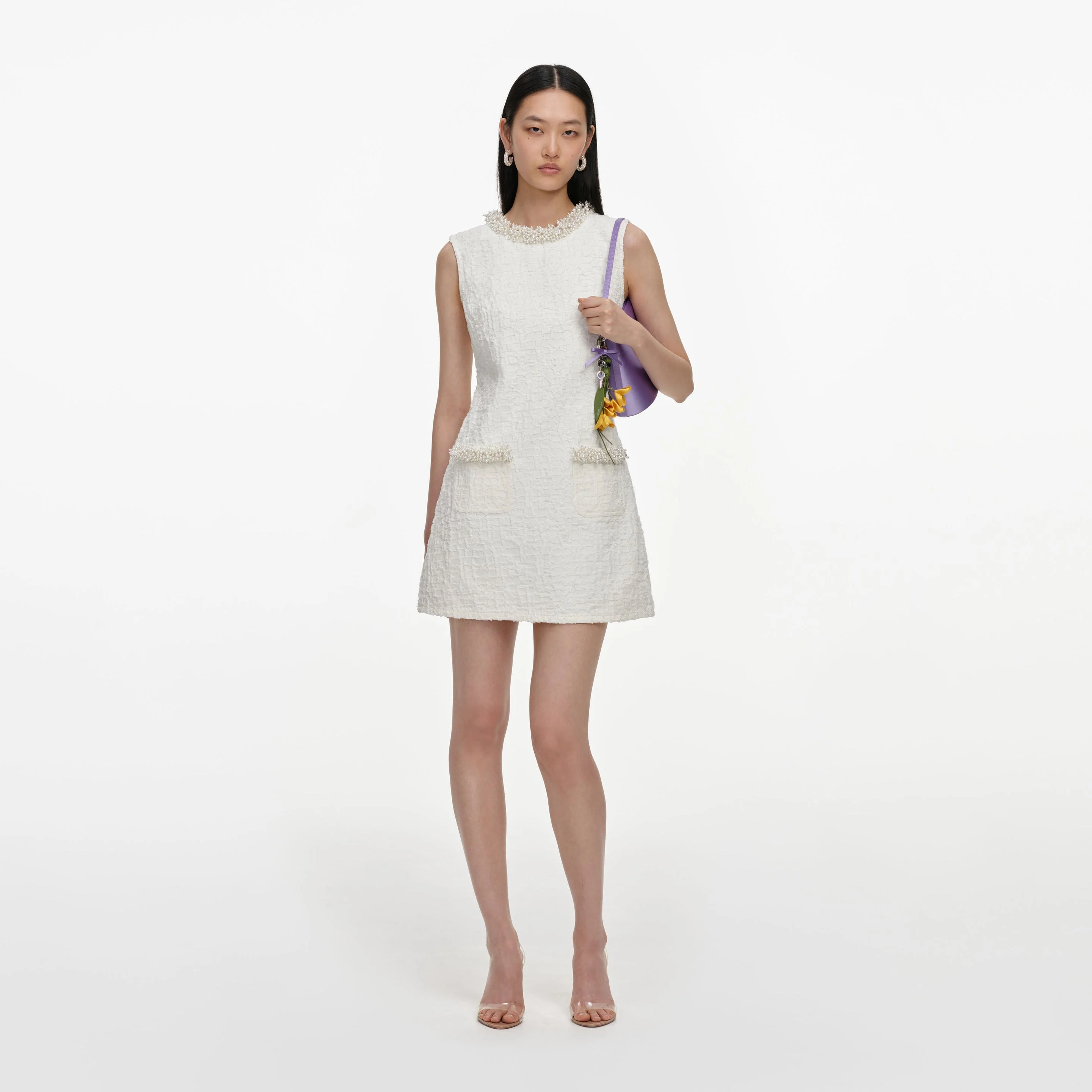 Cream Textured Denim Mini Dress - 1