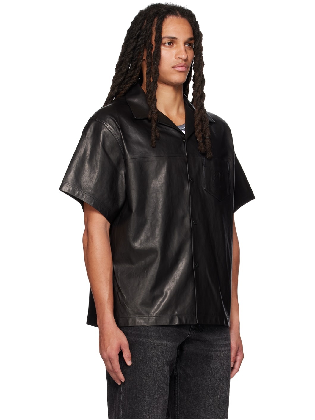 Black Spread Collar Leather Shirt - 2