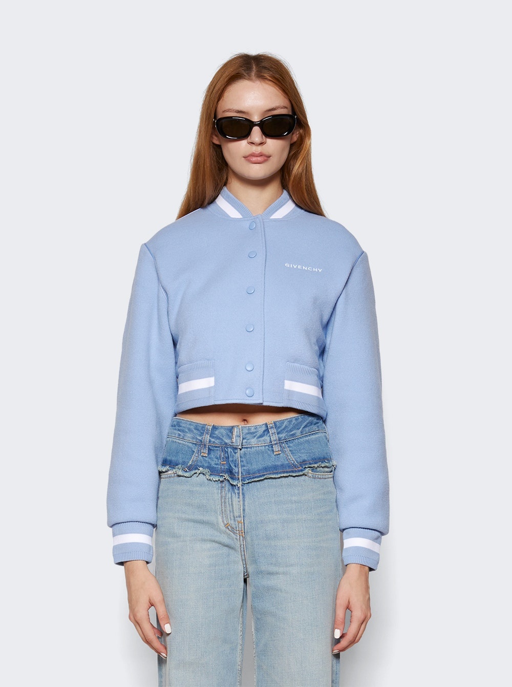 Cropped Wool Varsity Jacket Light Blue - 4