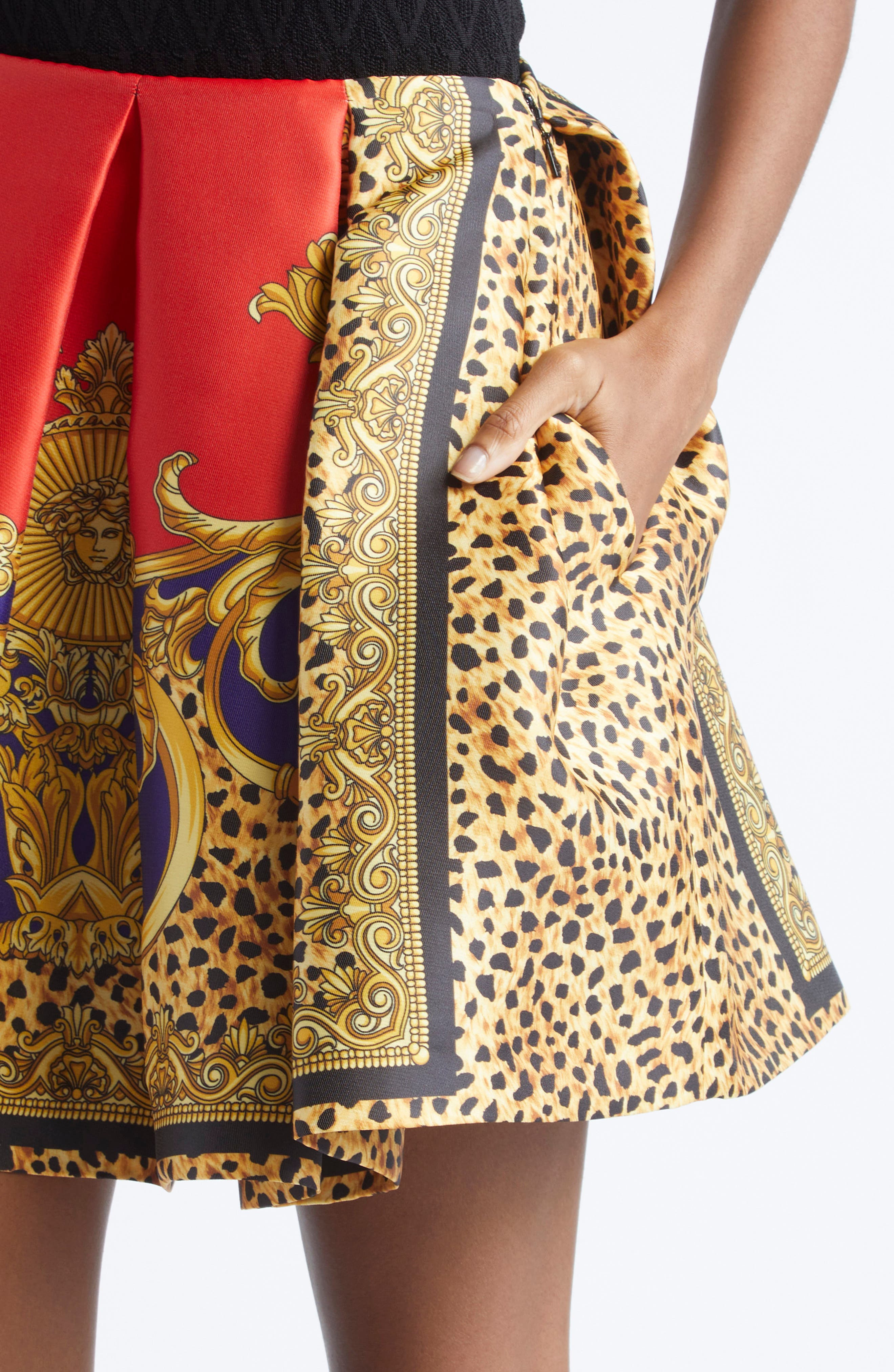 Versace Duchess Cheetah Barocco Pleated Silk Blend Skirt in Scarlet Ultramarine at Nordstrom - 5