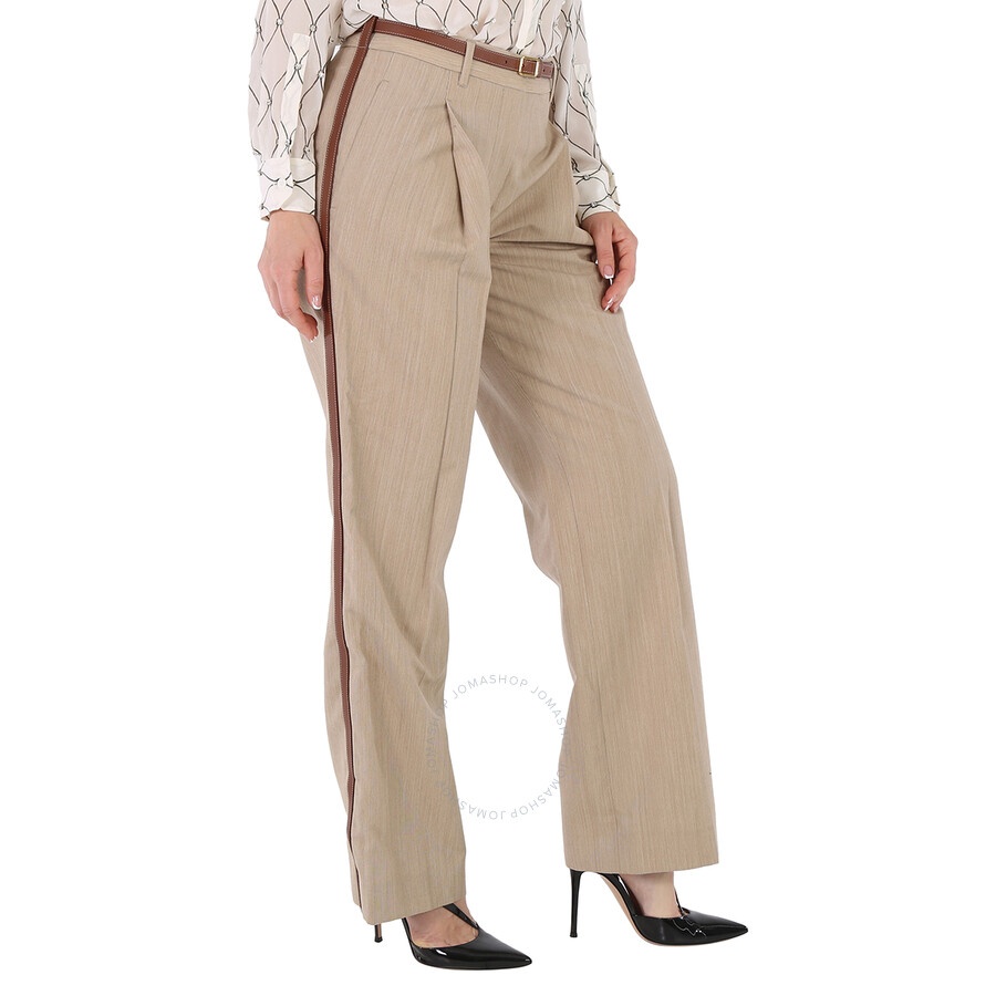 Burberry Camel Melange Wool Leather Stripe Tailored Trousers - 4