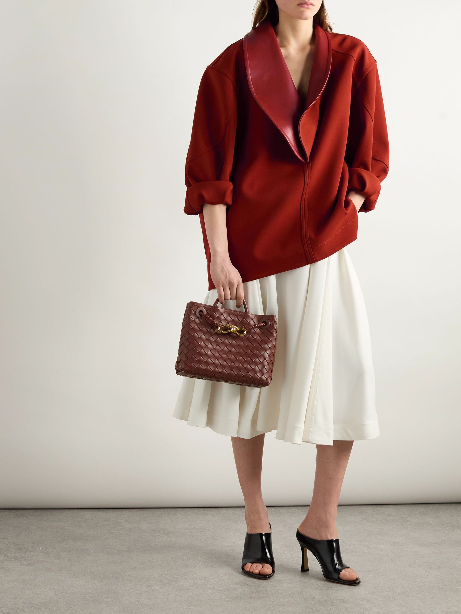 Oversized leather-trimmed cotton-blend crepe blouse Tomato red - 2