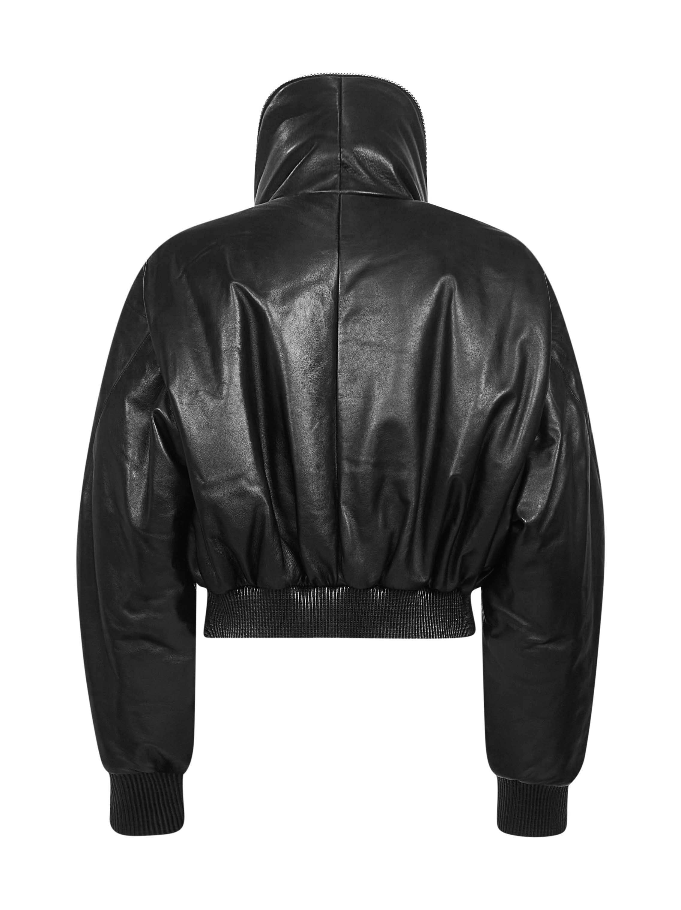 Black nappa leather cropped bomber jacket - 2