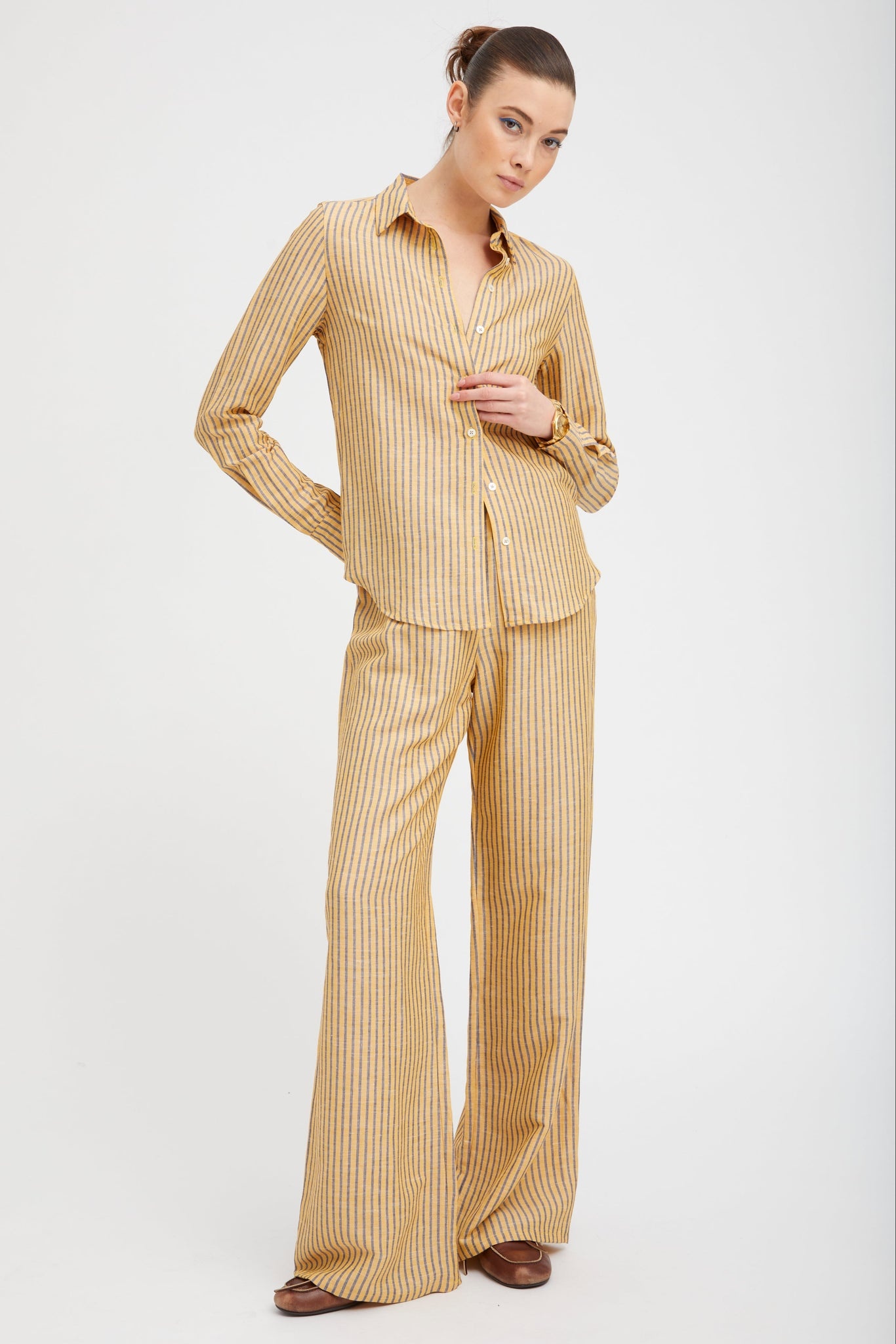 YELLOW INDIGO STRIPE LINEN FONDA BUTTON DOWN - 2