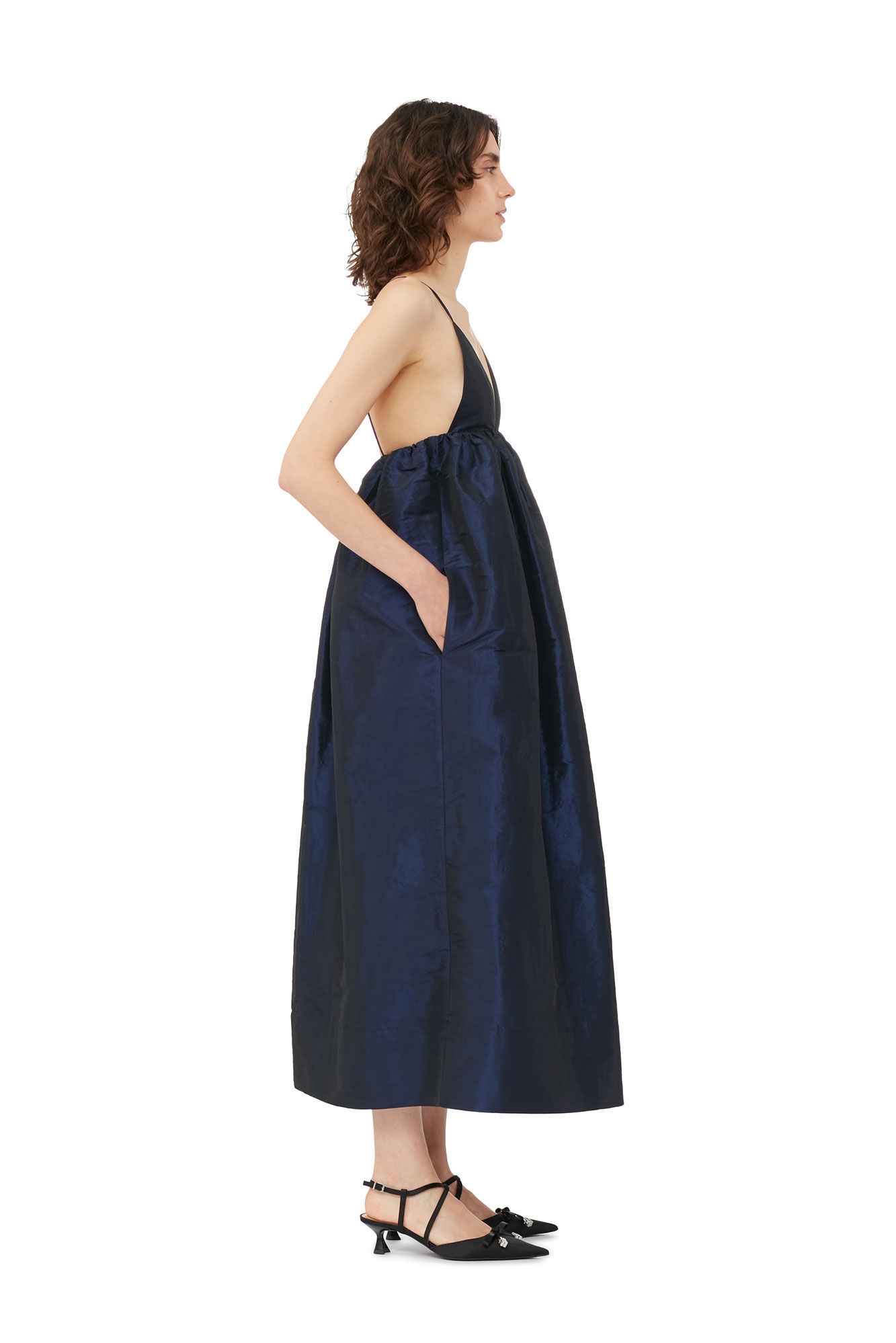 NAVY SHINY TAFFETA STRAP DRESS - 3