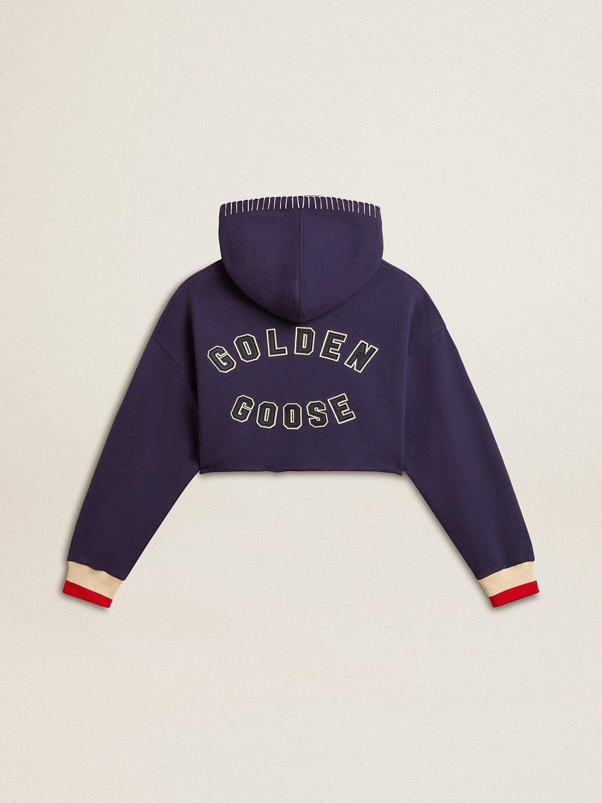 Dark blue cropped sweatshirt with zip fastening and embroidered hood - 8