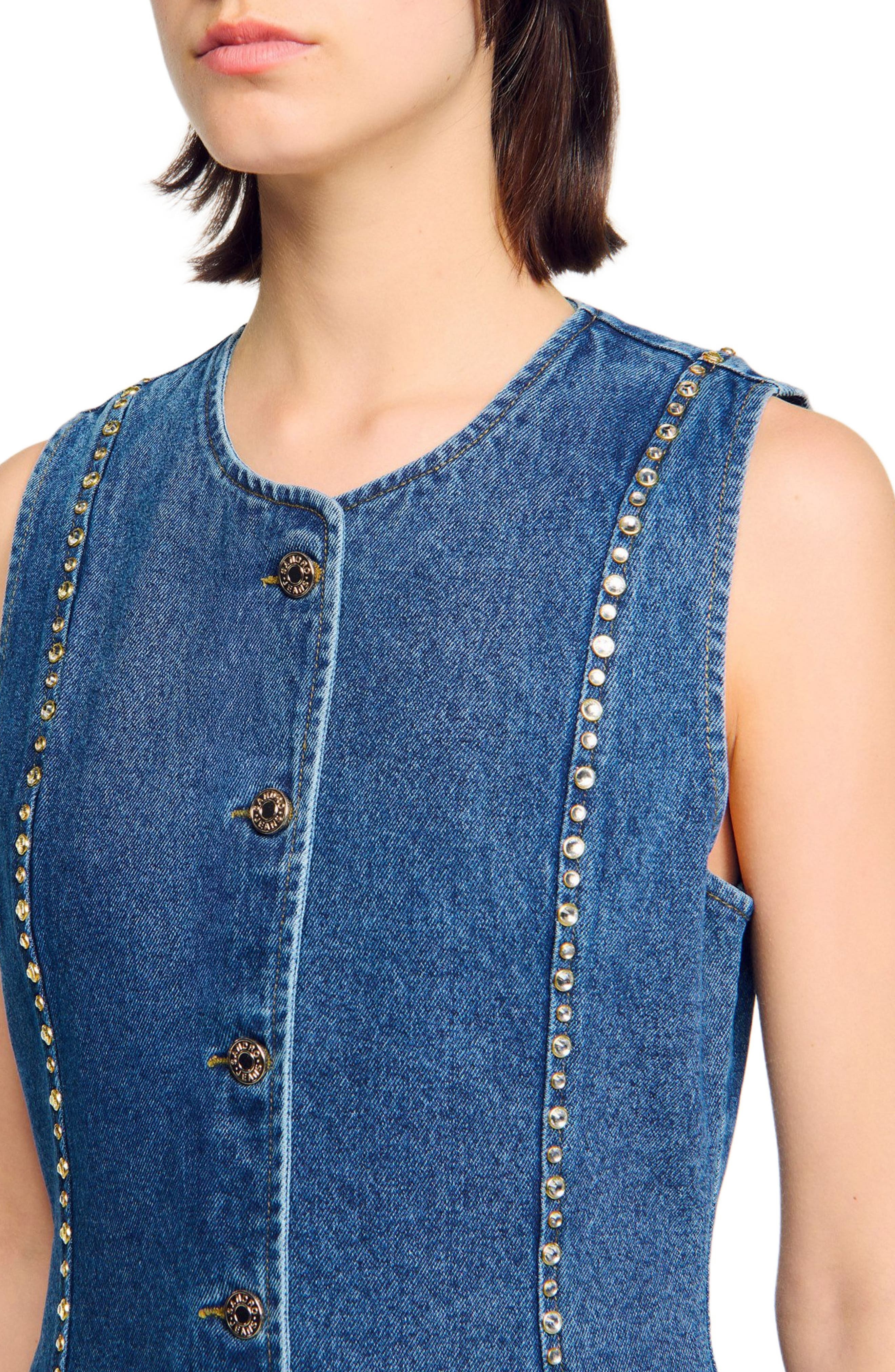 SANDRO Rhinestone denim top in Blue Jean at Nordstrom - 4