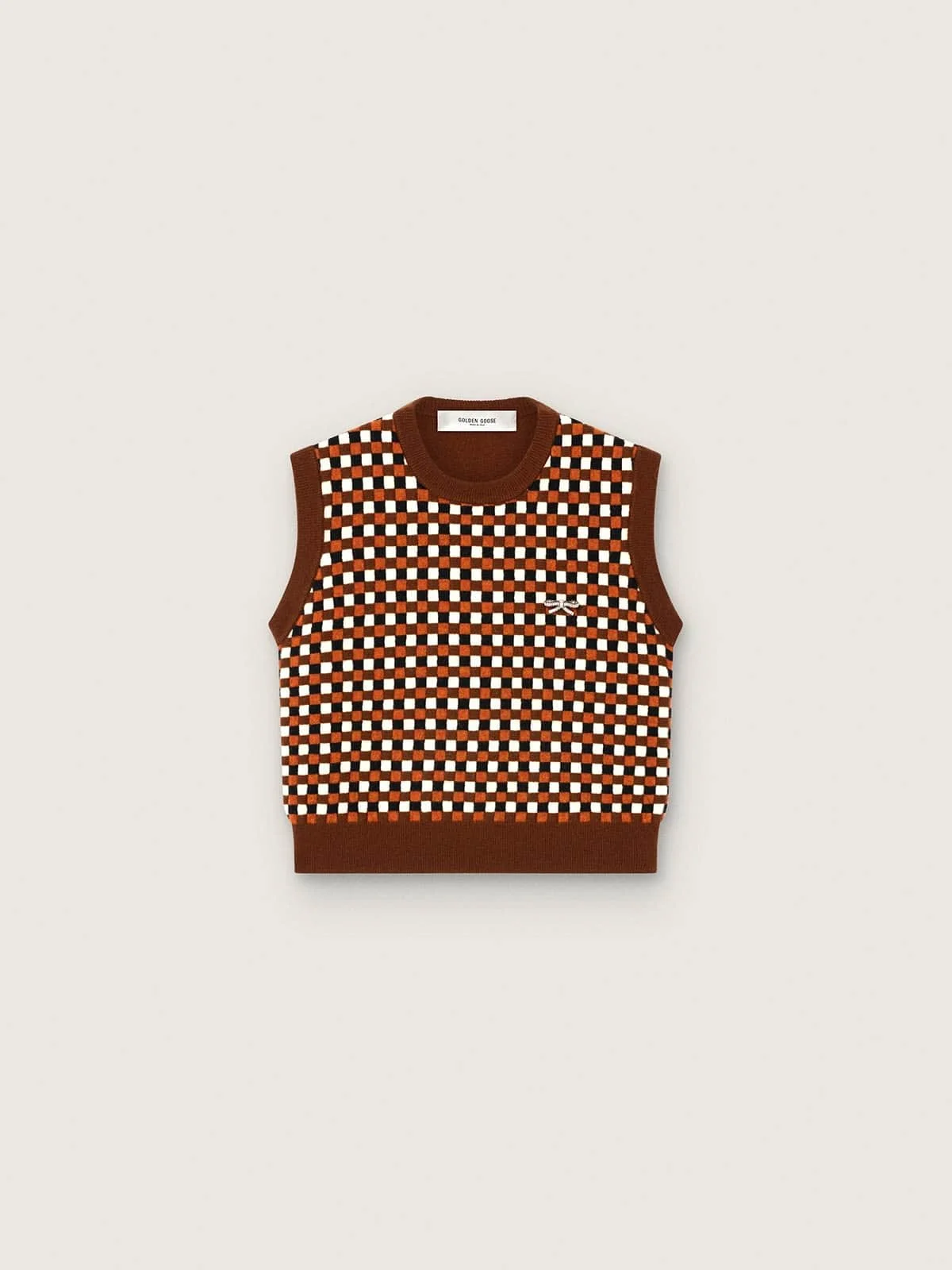Women's vest in brown jacquard wool with check pattern - 1