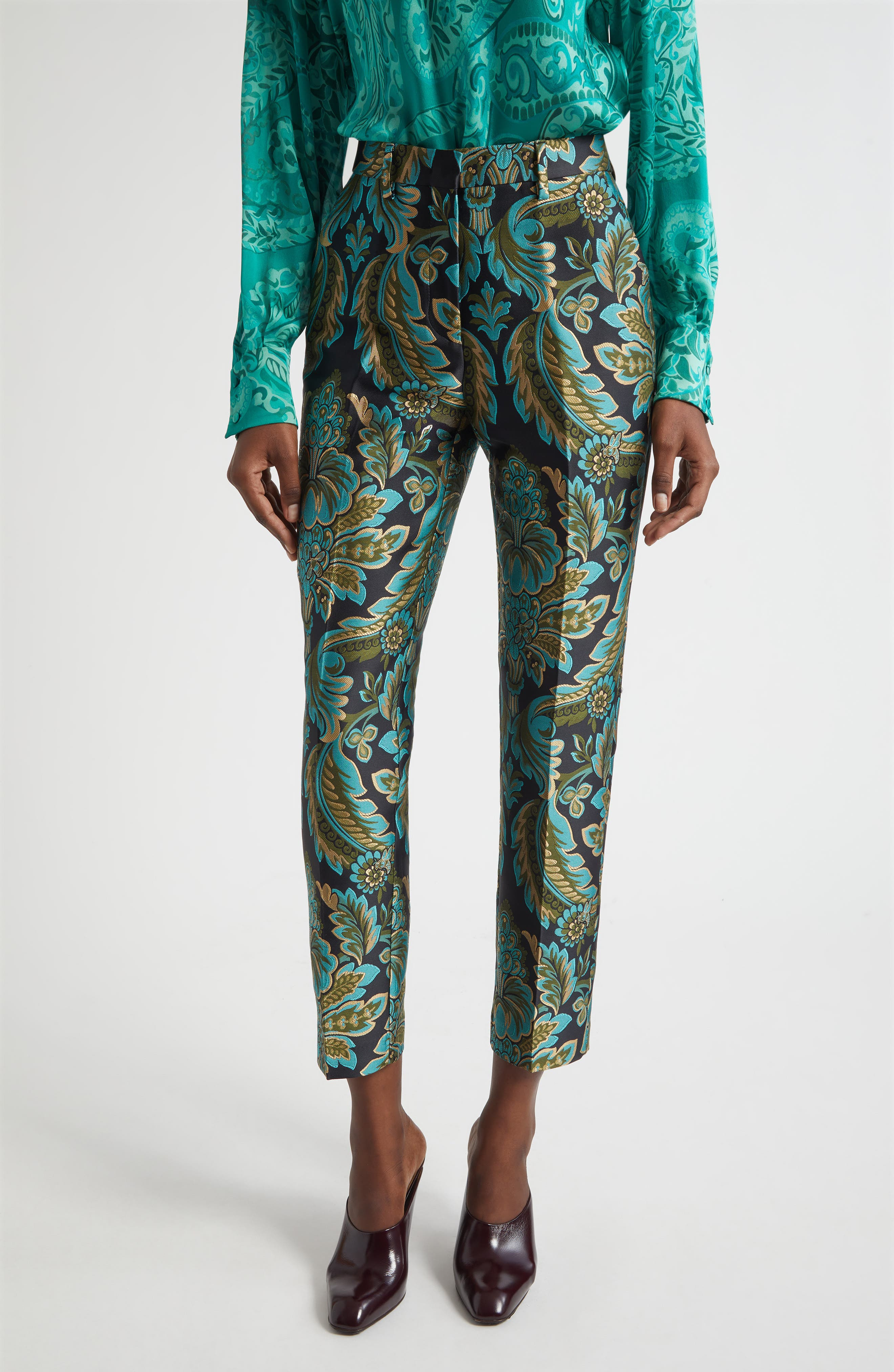 Etro Capitol Paisley Jacquard Trousers in Black/Green/Turquoise Multi at Nordstrom - 1