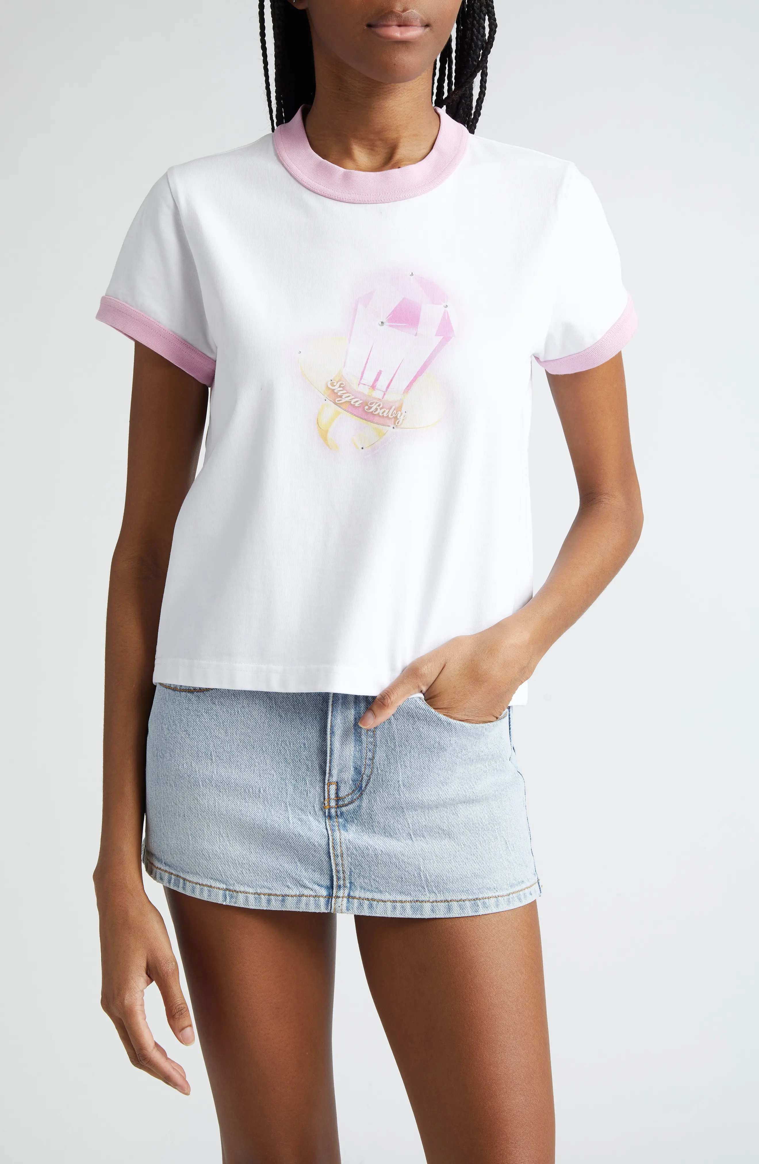 Sugar Baby Shrunken Ringer Graphic T-Shirt in White/Pink - 1