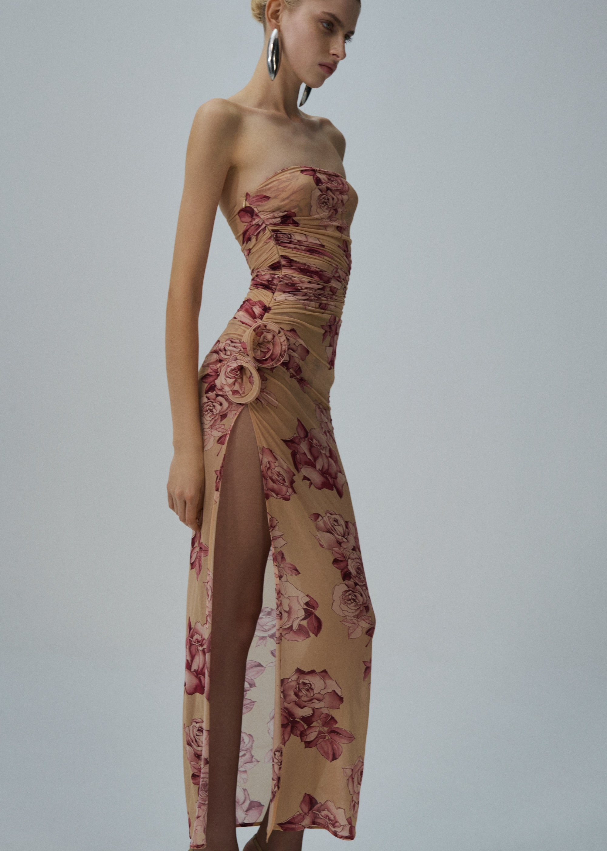 Strapless flower applique midi dress in beige print - 4