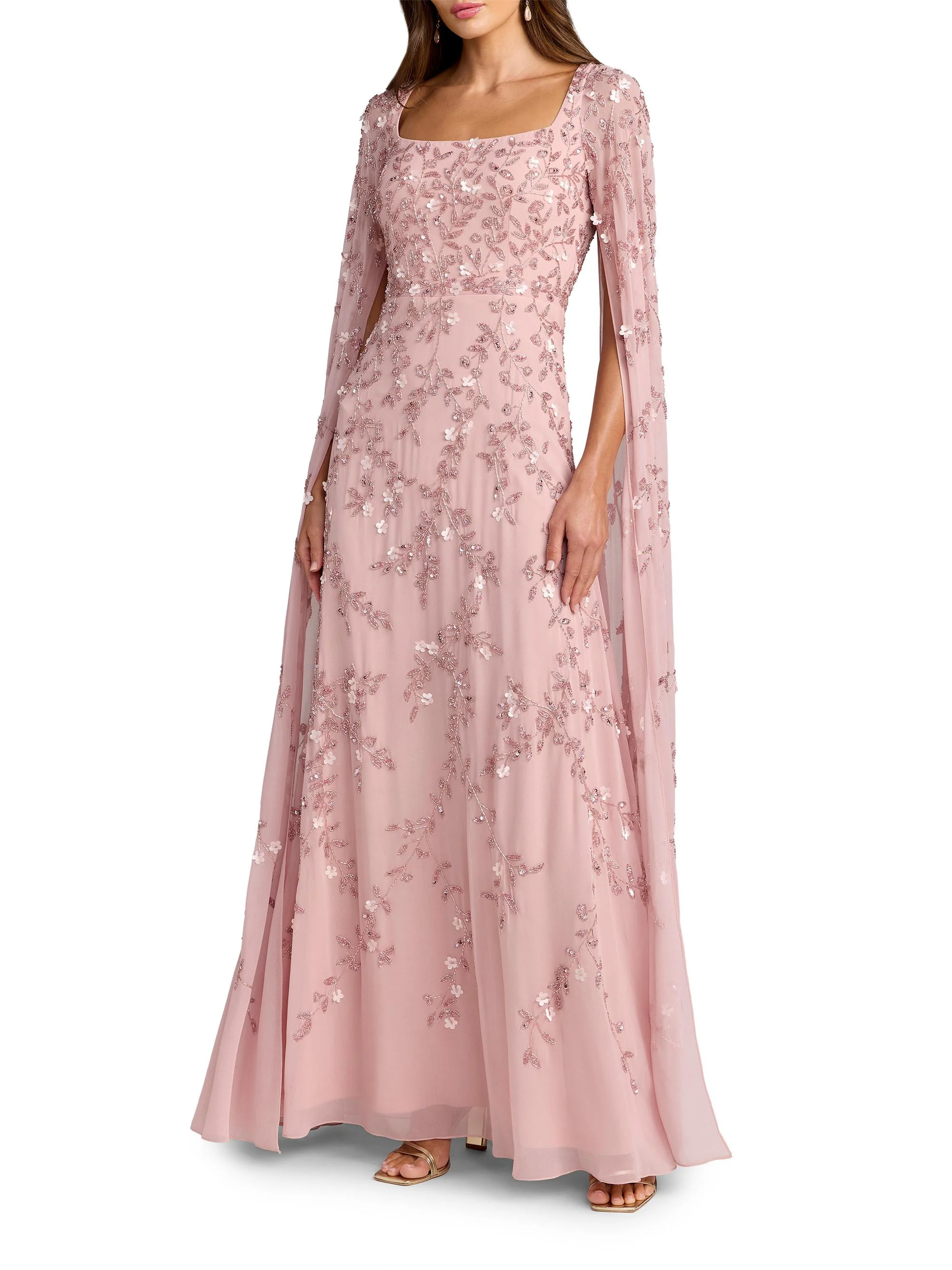 Women's Embellished Georgette Cape-Sleeve Gown - Rose - 1