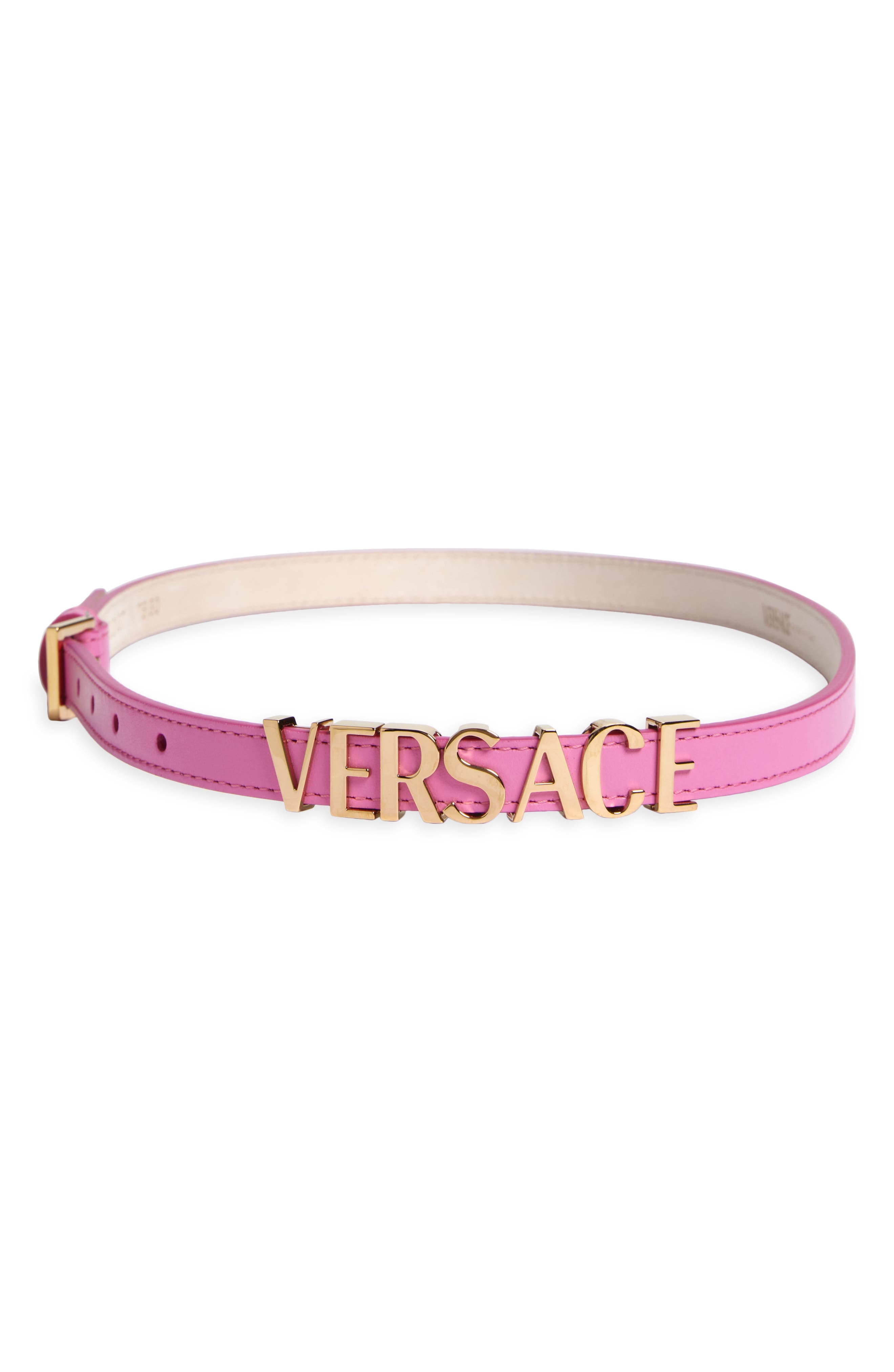 Versace Logo Leather Belt in Dragon Fruit-Versace Gold at Nordstrom - 2