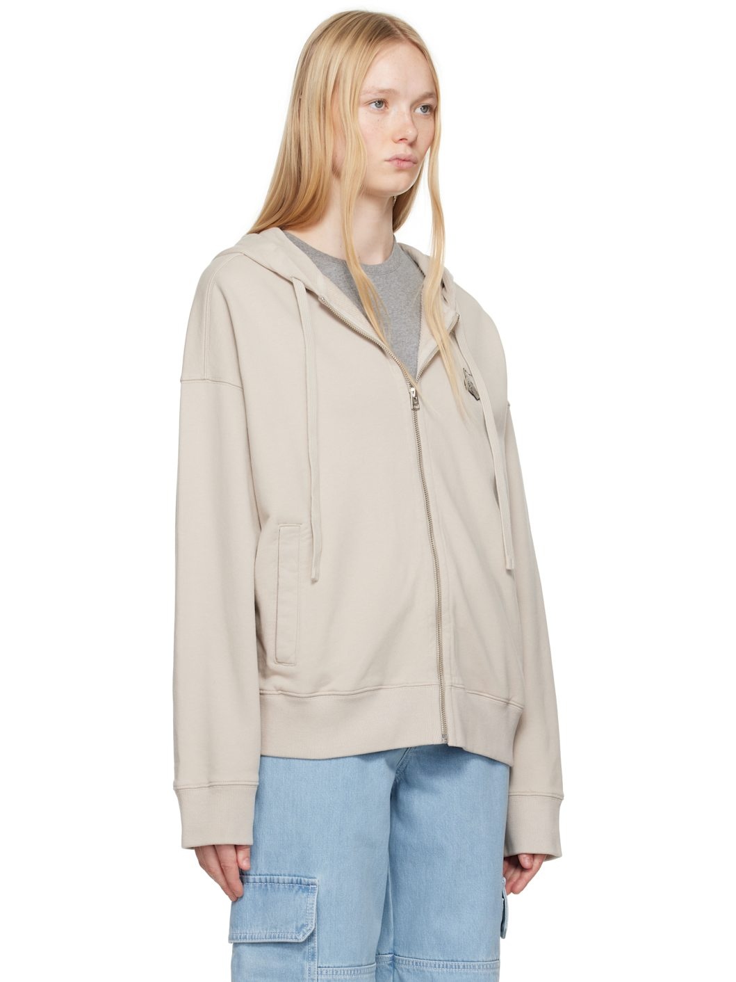 Beige Bold Fox Head Patch Fullzip Oversize Hoodie - 2