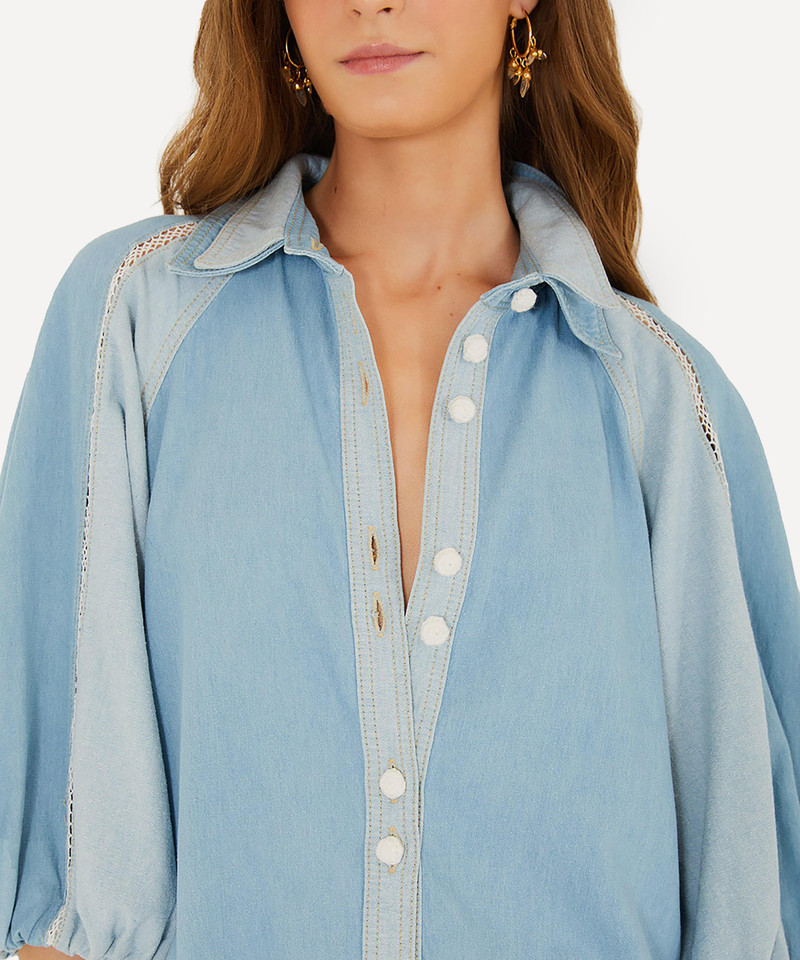 Denim Bicolor Puff-Sleeve Shirt 3
