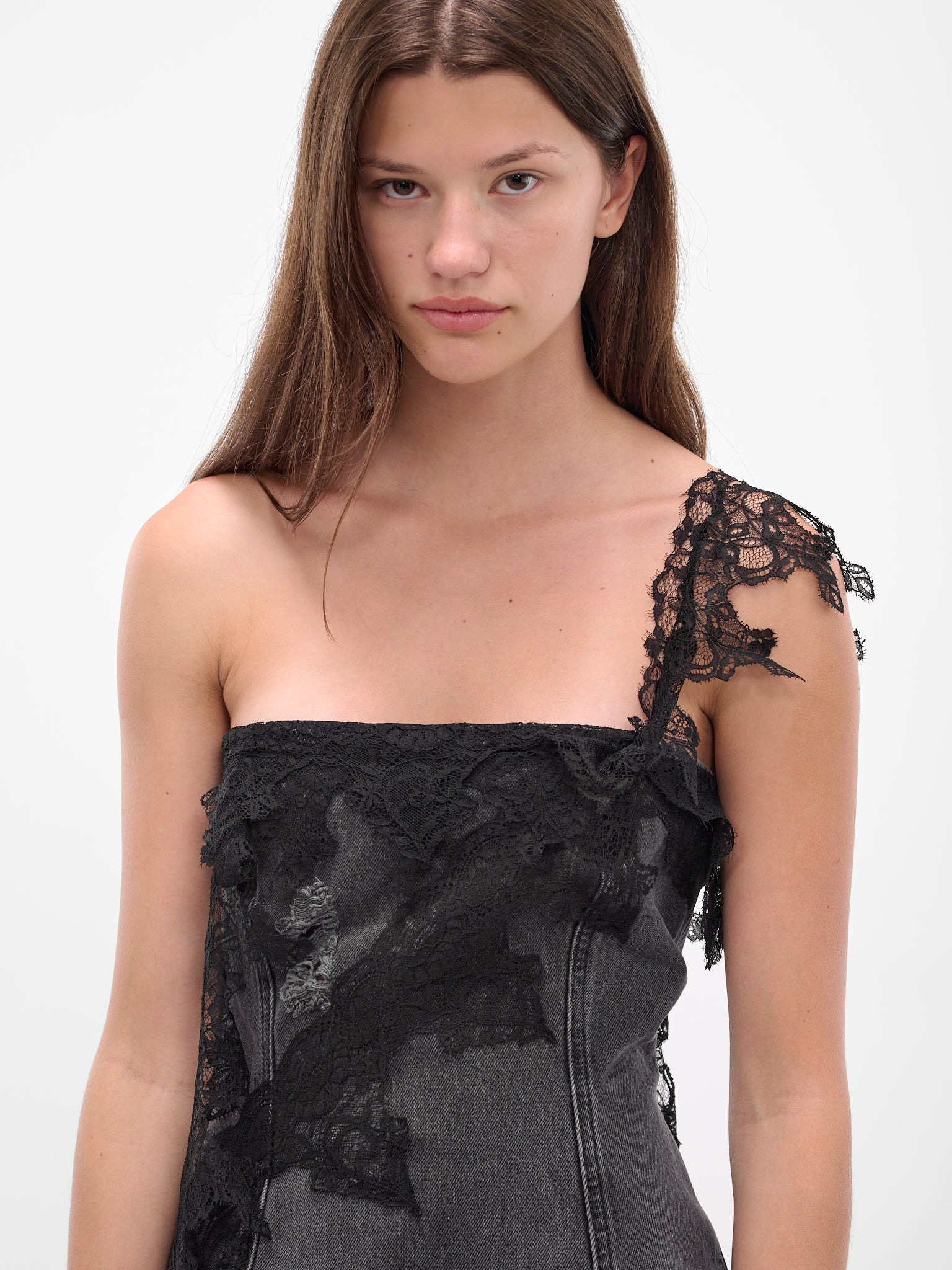 Black Denim Lace Mini Dress - 4