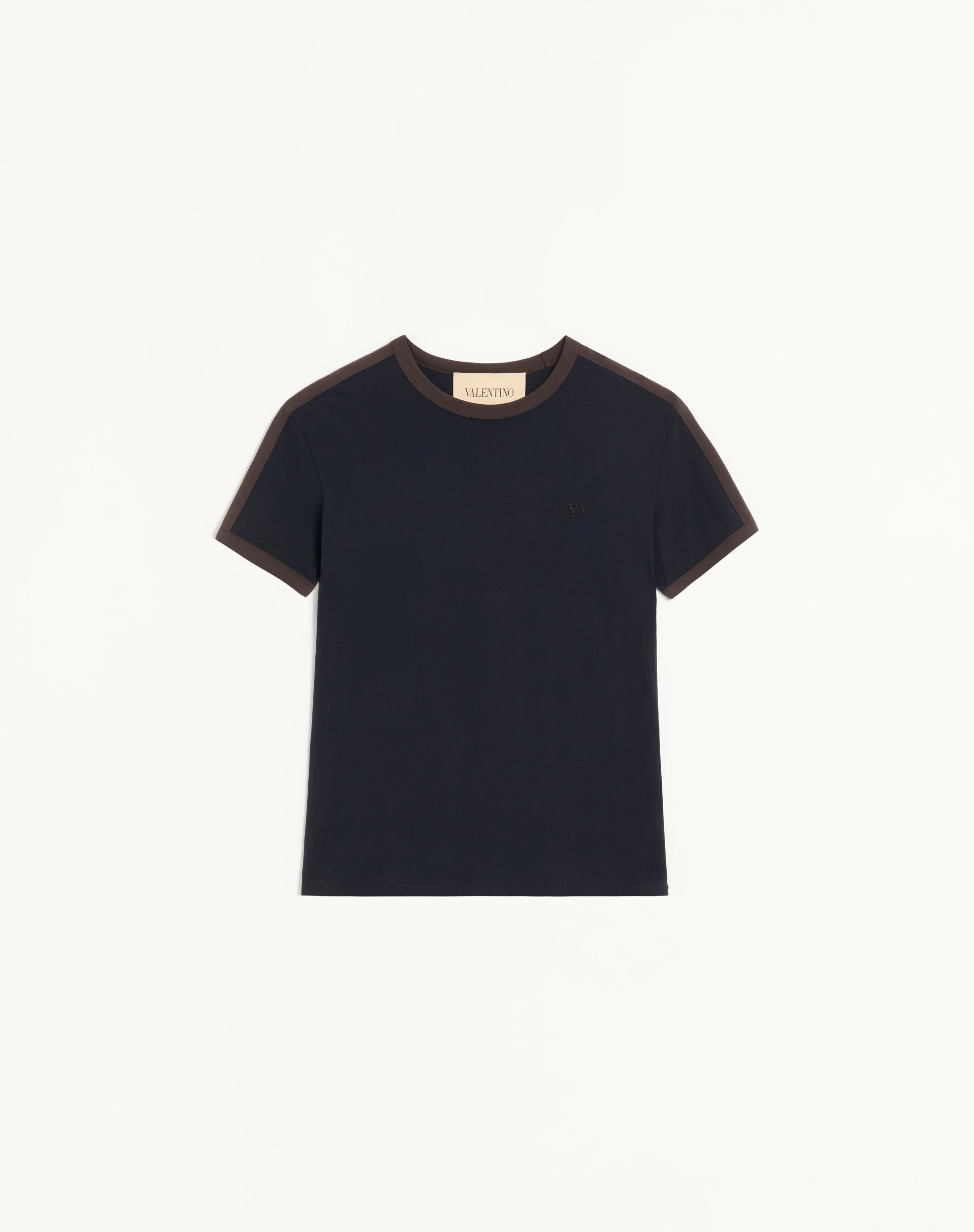VALENTINO COTTON T-SHIRT WITH CREW NECK, CONTRASTING SIDE BANDS AND VLOGO EMBROIDERY - 1
