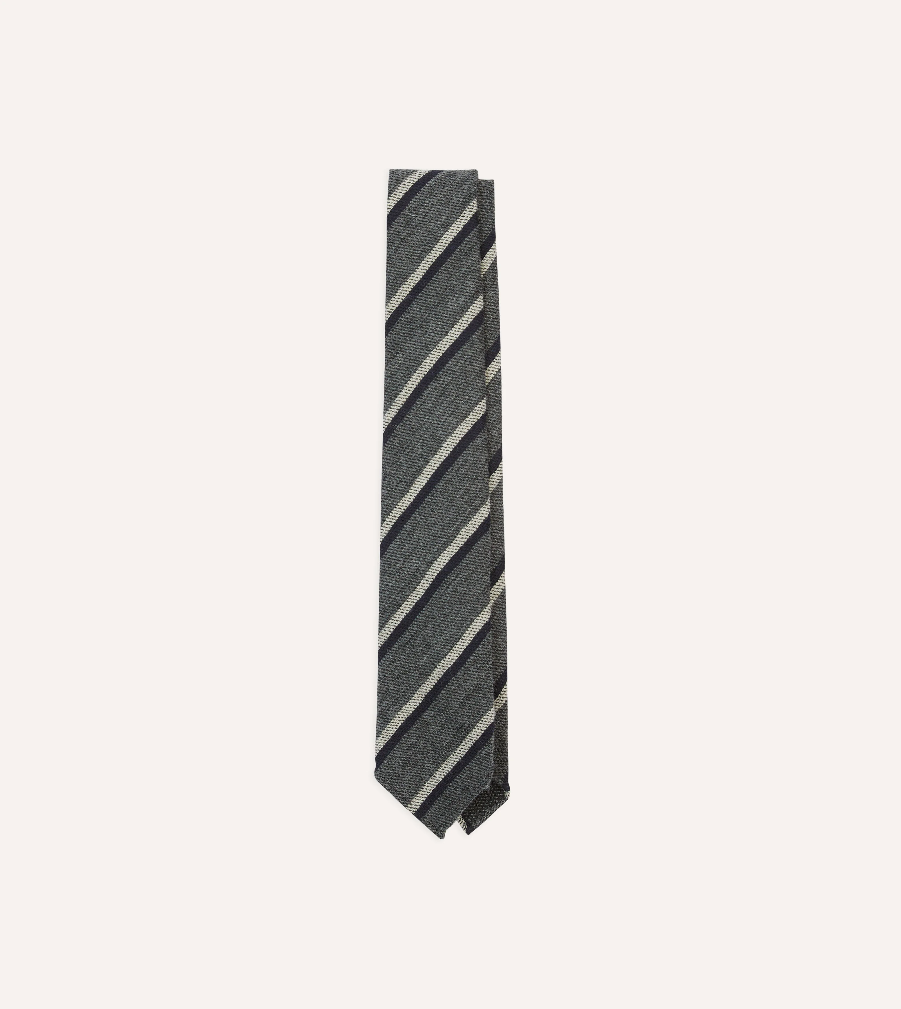 Grey Double Stripe Hand Rolled Wool Tie - 1