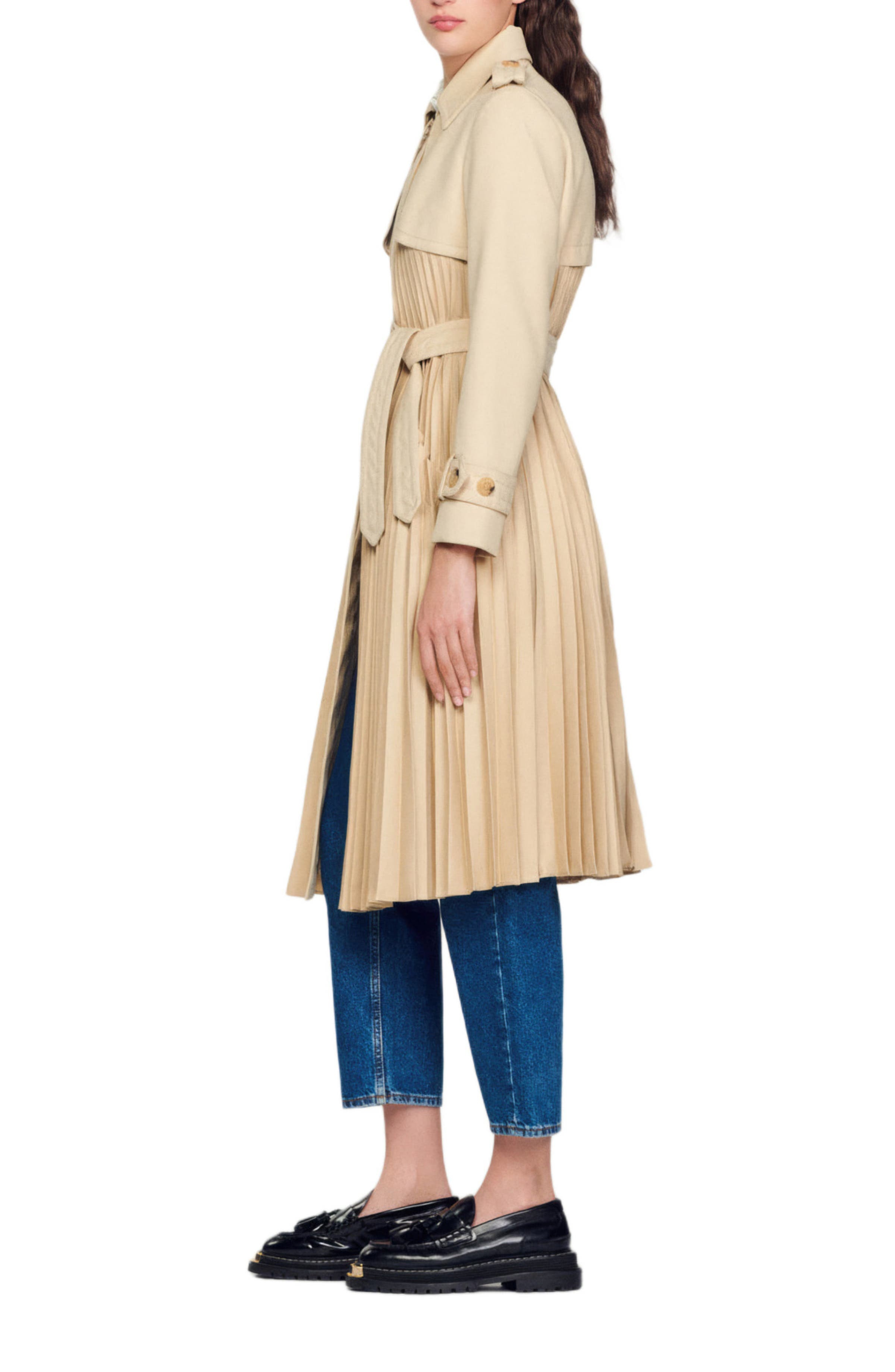 SANDRO Pleated trench coat with belt in Beige at Nordstrom - 3