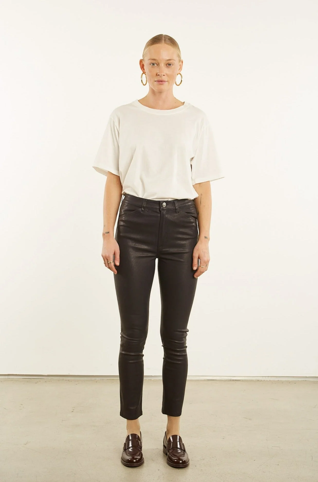BLACK LEATHER 5 POCKET SLIM PANTS - 1