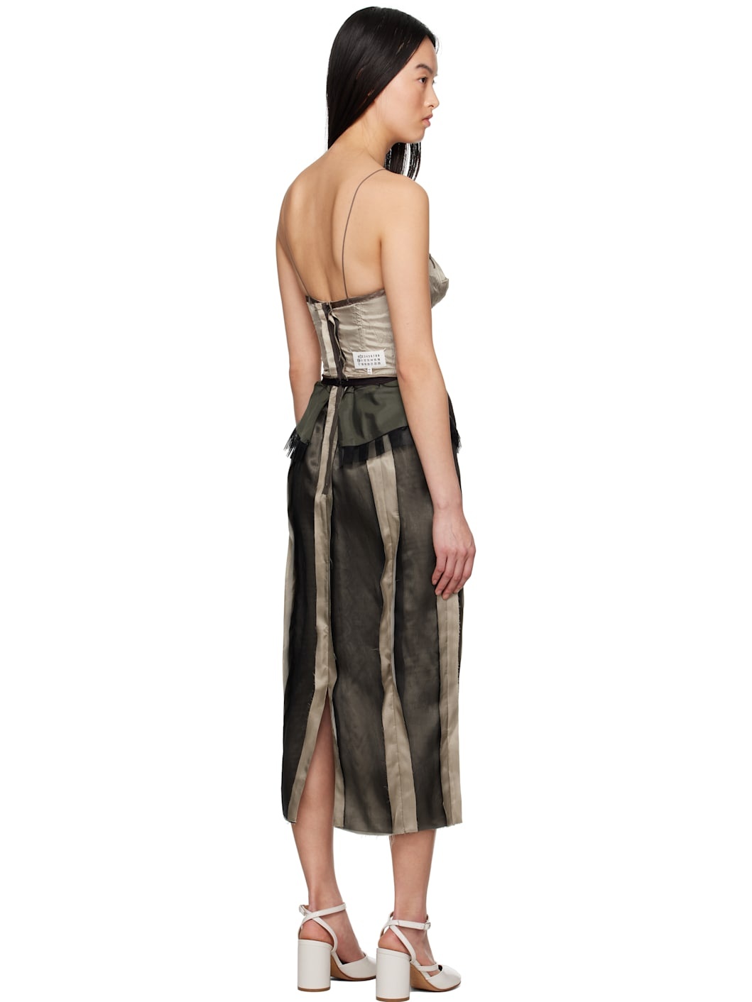 Khaki & Black Lined Silk Midi Dress - 3
