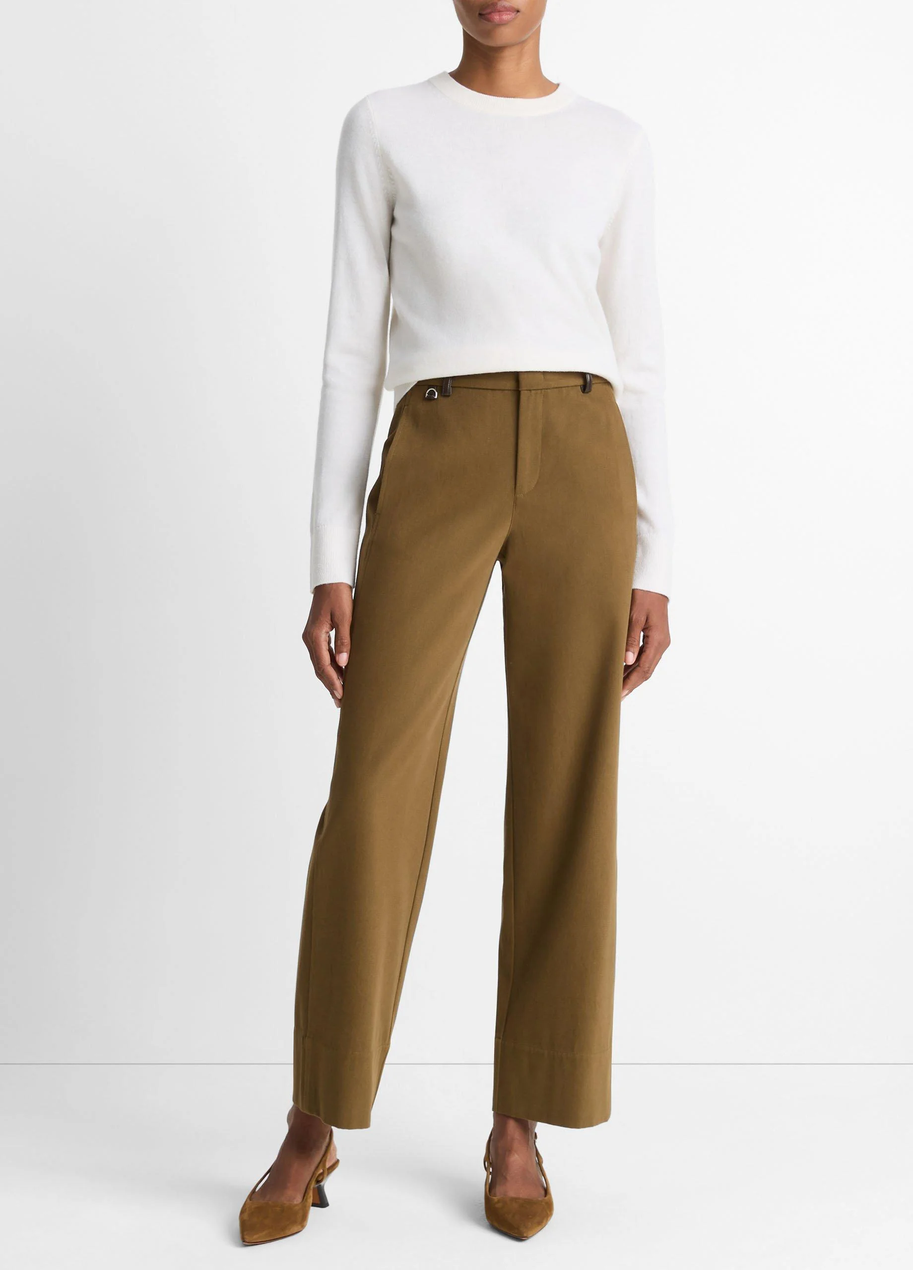 Faux-Leather-Trim Italian Cotton Straight-Leg Pant - 1