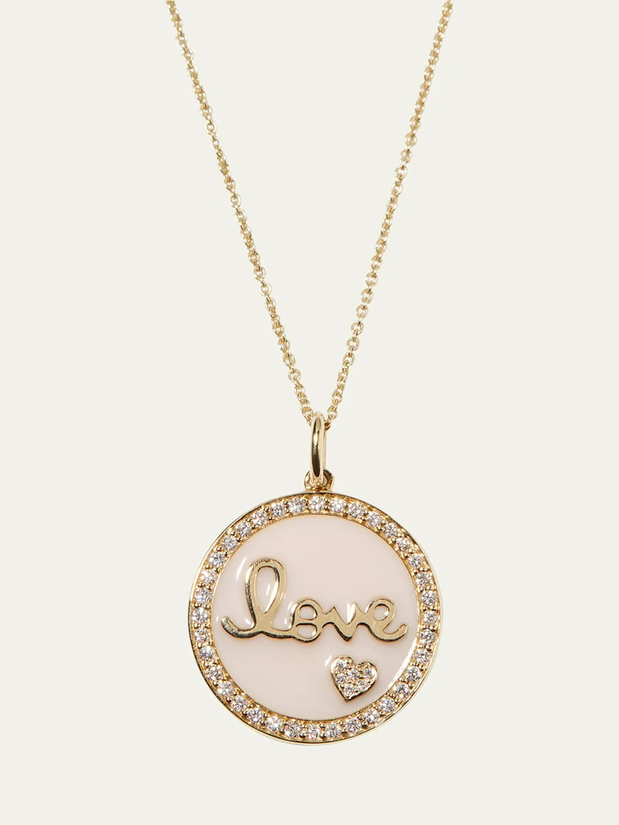 14k Gold Love Medallion Necklace w/ Enamel & Diamonds - 1