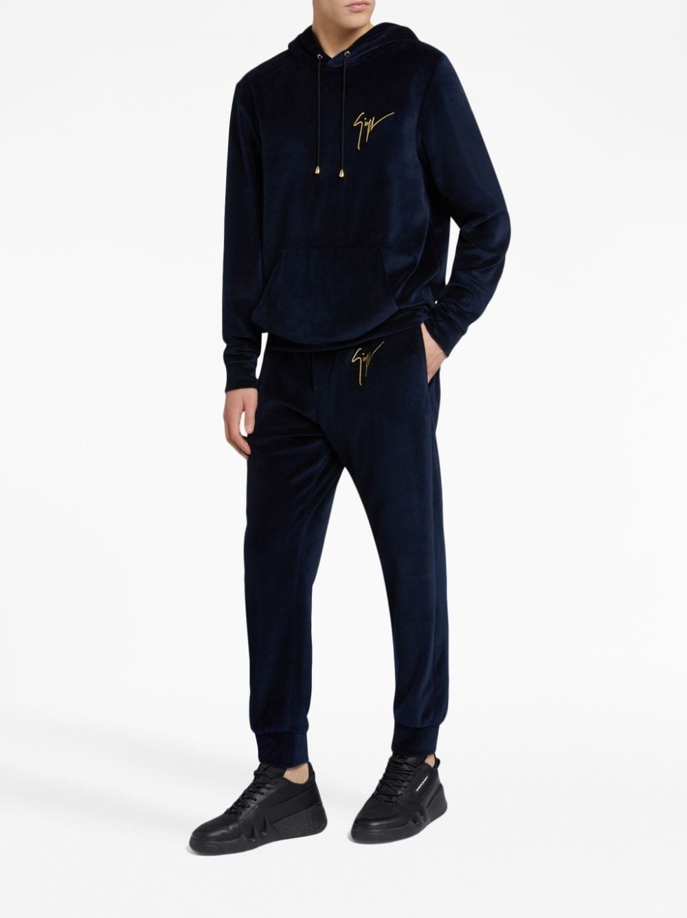 logo-embroidered velvet hoodie - 2