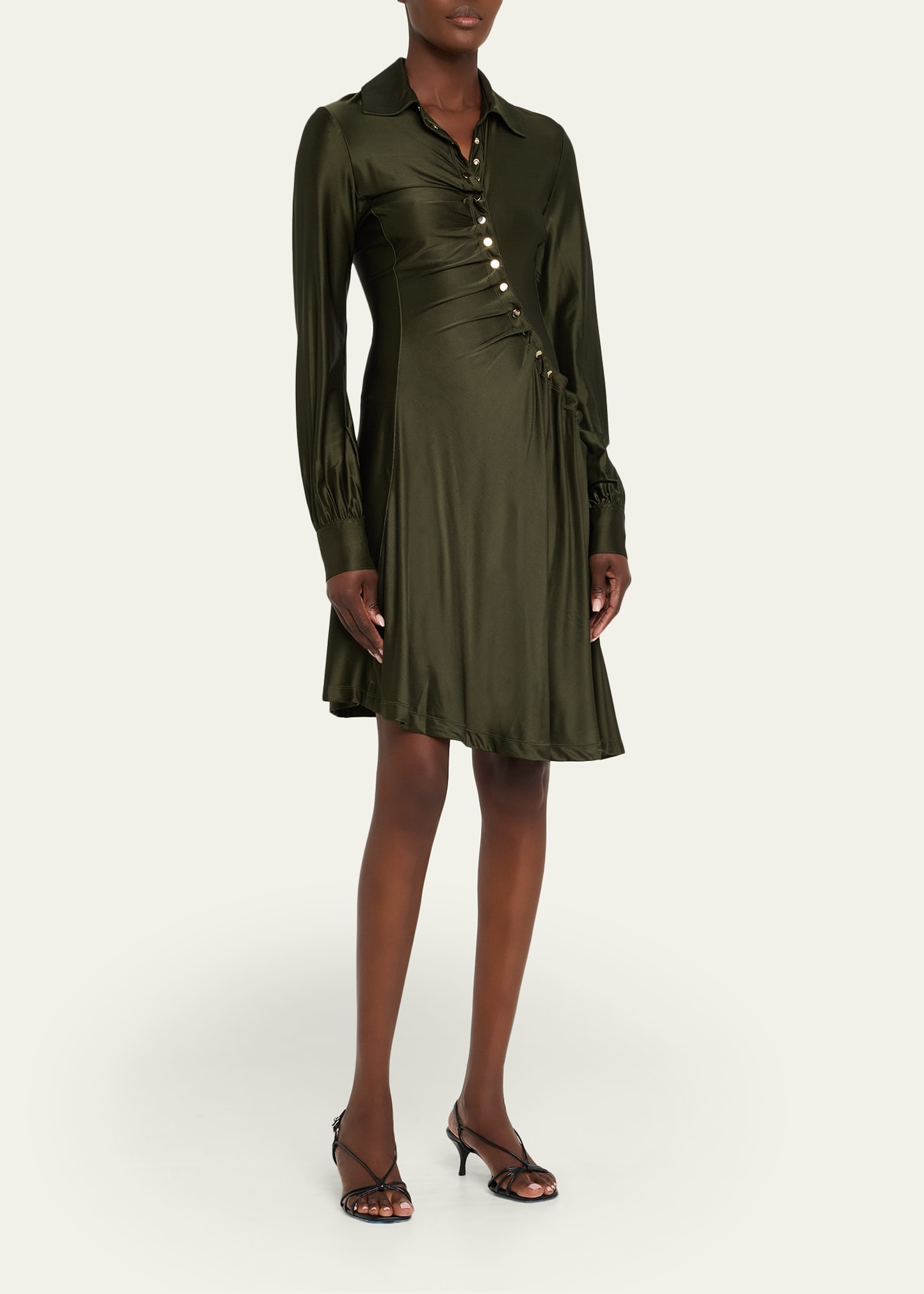 Ruched Button Long-Sleeve Mini Shirtdress - 4