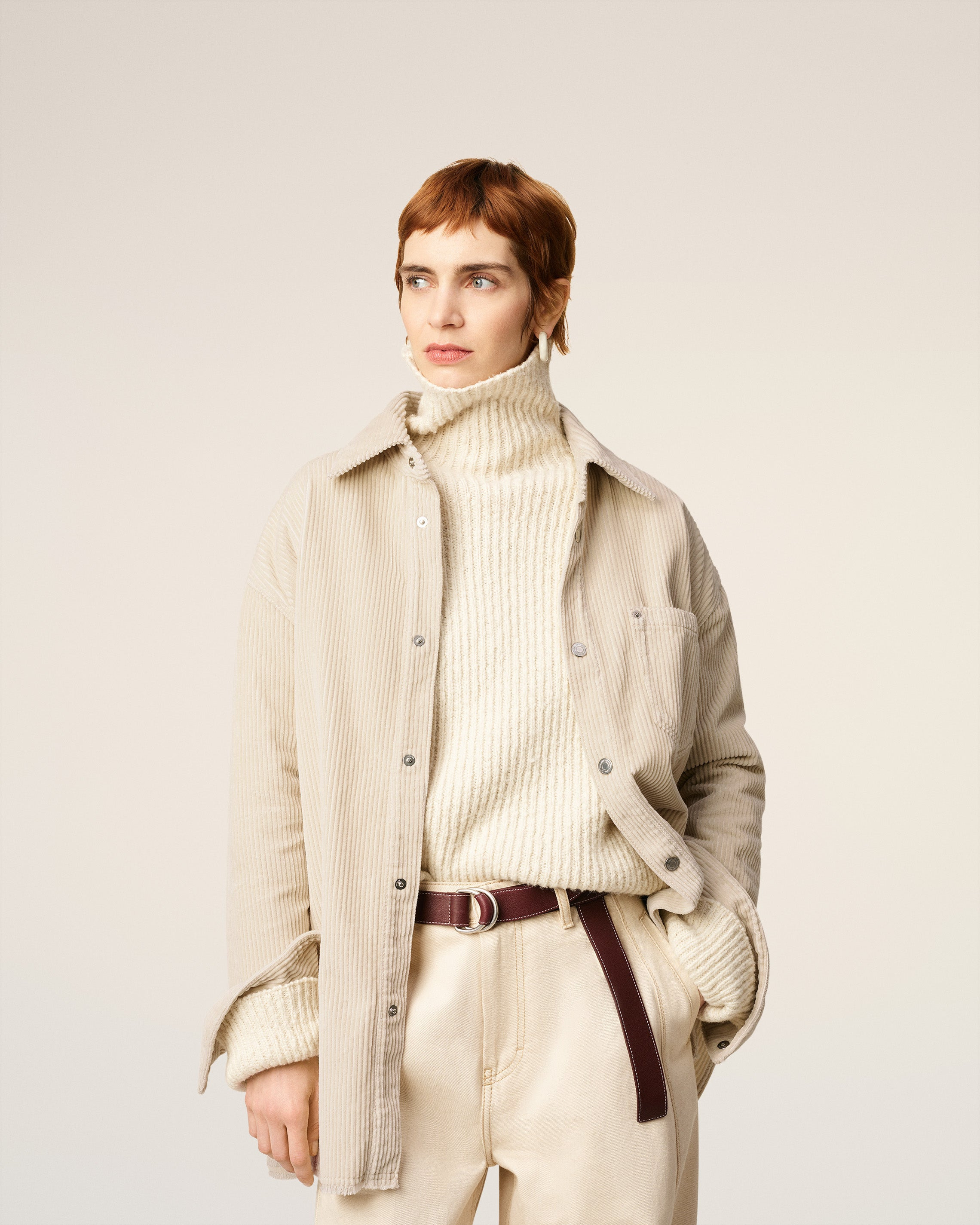 WHITE COTTON CORDUROY SIDE SLIT OVERSHIRT - 3