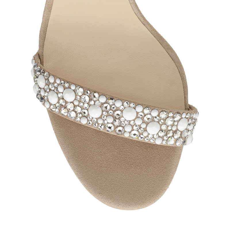 Viola 110 White Suede Sandals with Hotfix Crystals and Ostrich Feather Tassel 5