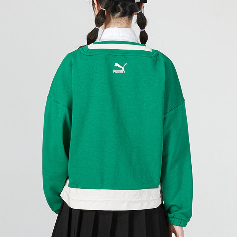 (WMNS) PUMA Logo V neck Sweatshirt 'Green' 537524-86 - 4