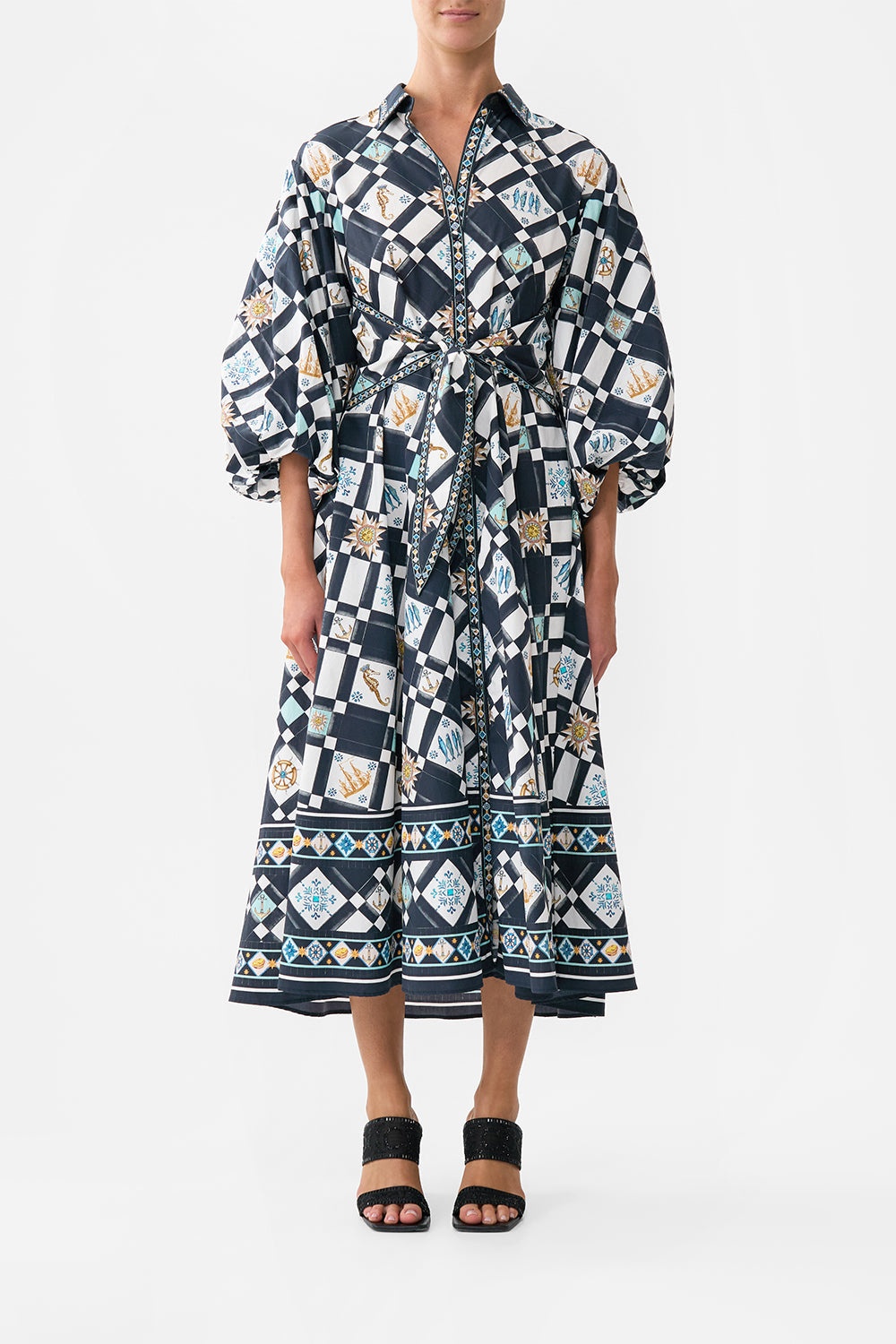 WAIST TIE SHIRT DRESS WITH BUBBLE SLEEVE - 2