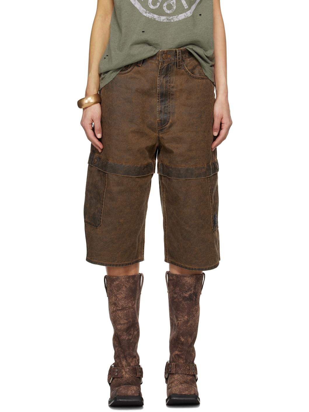 Brown Coated Cotton Shorts - 1