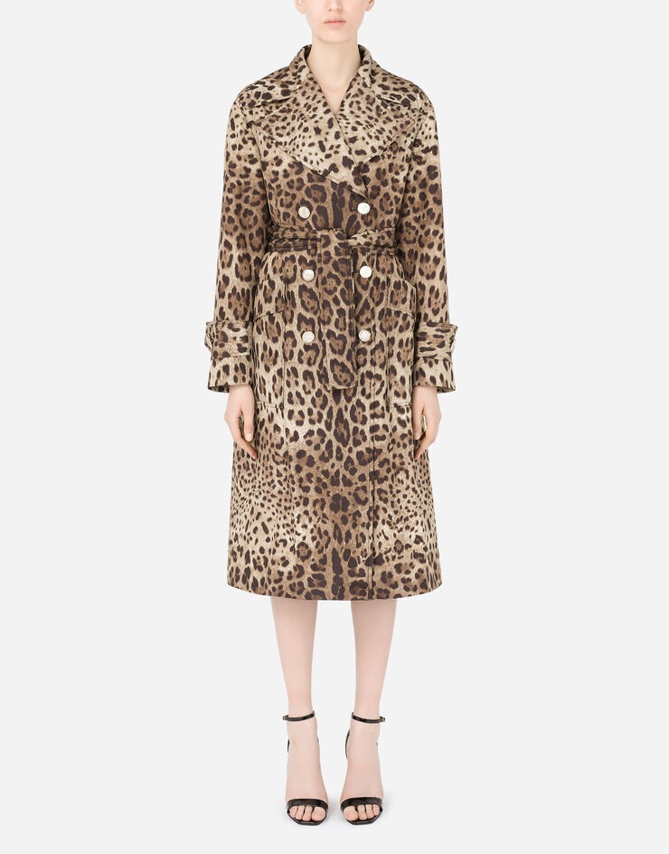 Belted double-breasted padded nylon trench coat with leopard print - 1