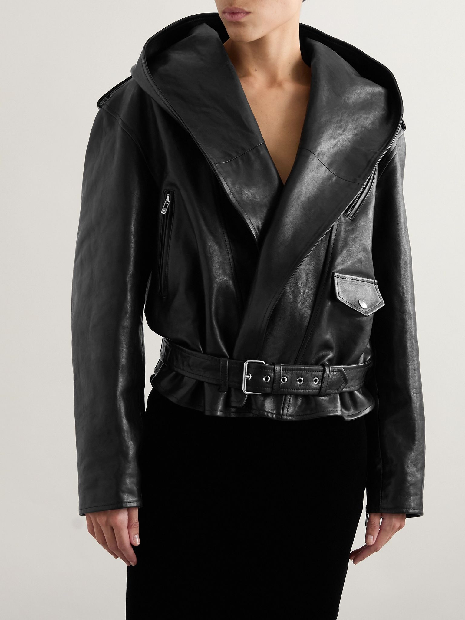 Hooded leather biker jacket Black - 3