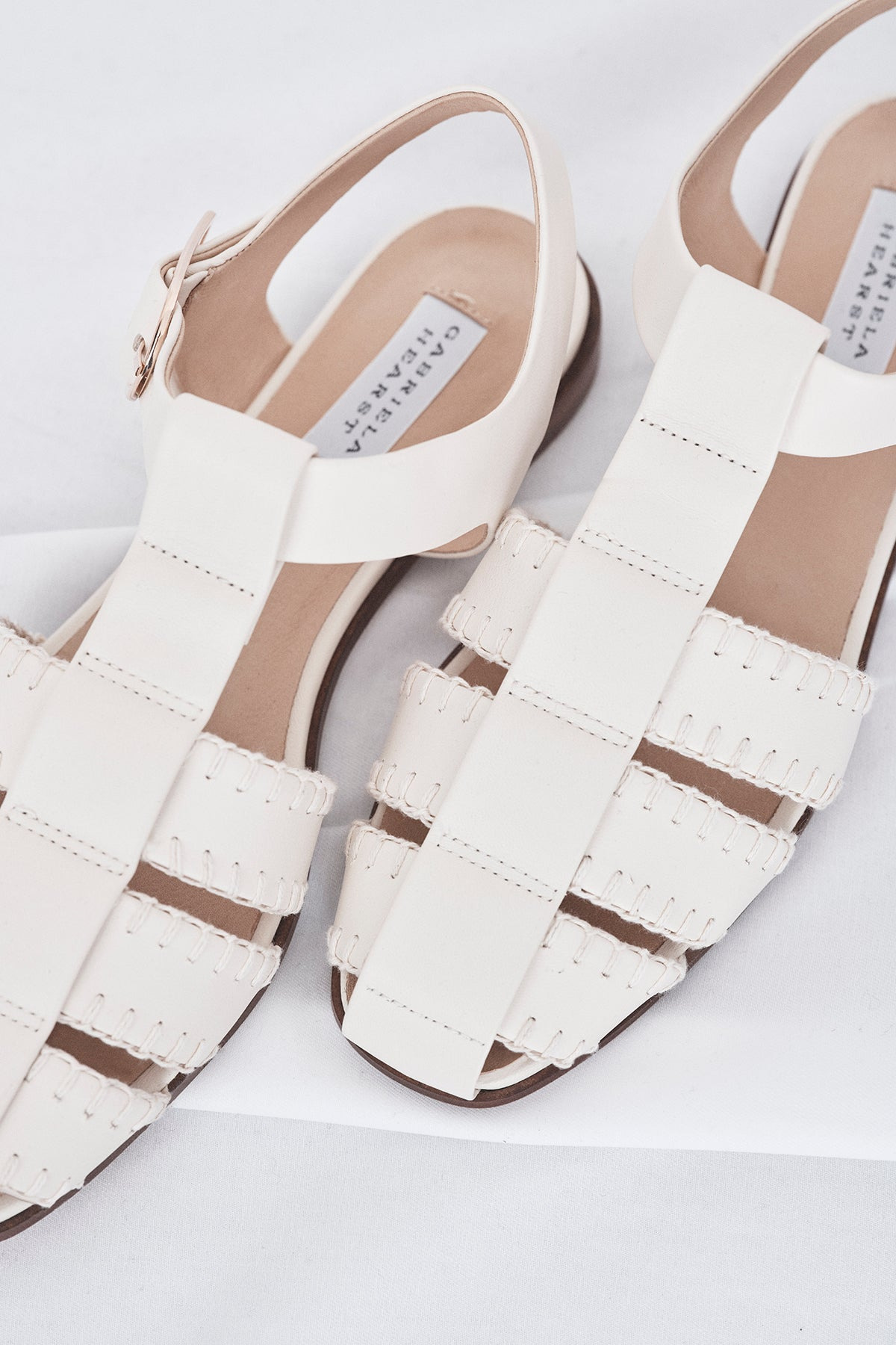 Lynn Flat Sandal in Cream Leather Blanket Stitch - 2